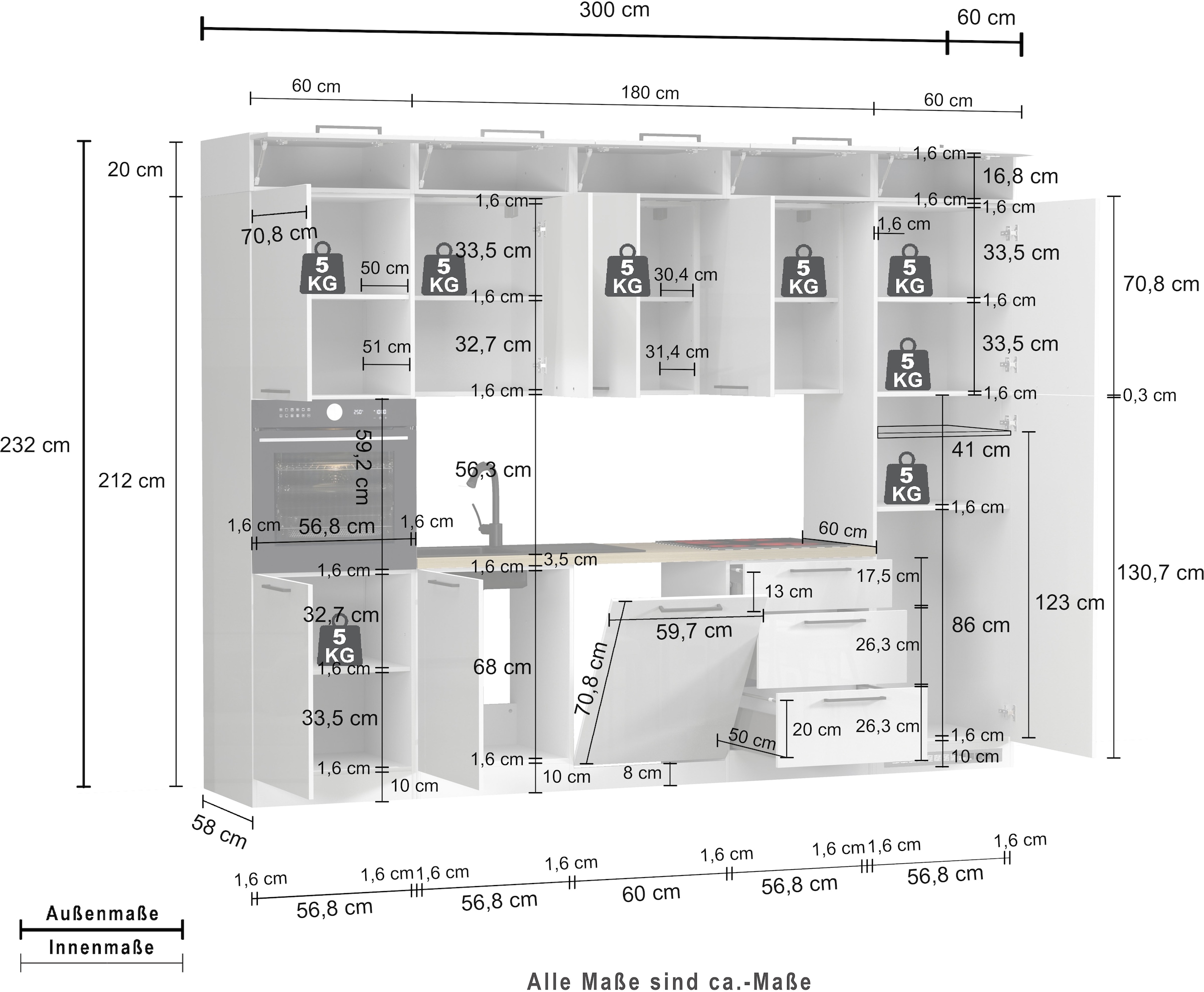 KOCHSTATION Kitchenette »Luna, Einbauküche, Zeilenküche, mit Soft-Close Funktion, Made in Italy« Breite 300 cm ohne E-Geräte, mit Spüle+Siphon und Aufsatz