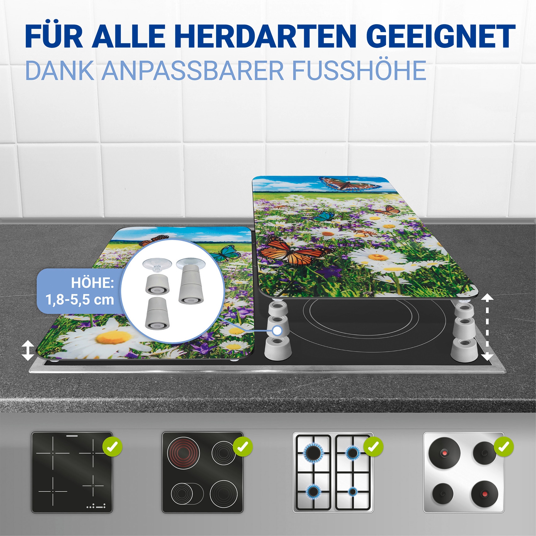 WENKO Herd-Abdeckplatte »Universal Modell Sommerwiese«, (Set, 2 tlg.), Herdabdeckung für alle Herdarten, kratzfest, mit rutschfesten Füssen