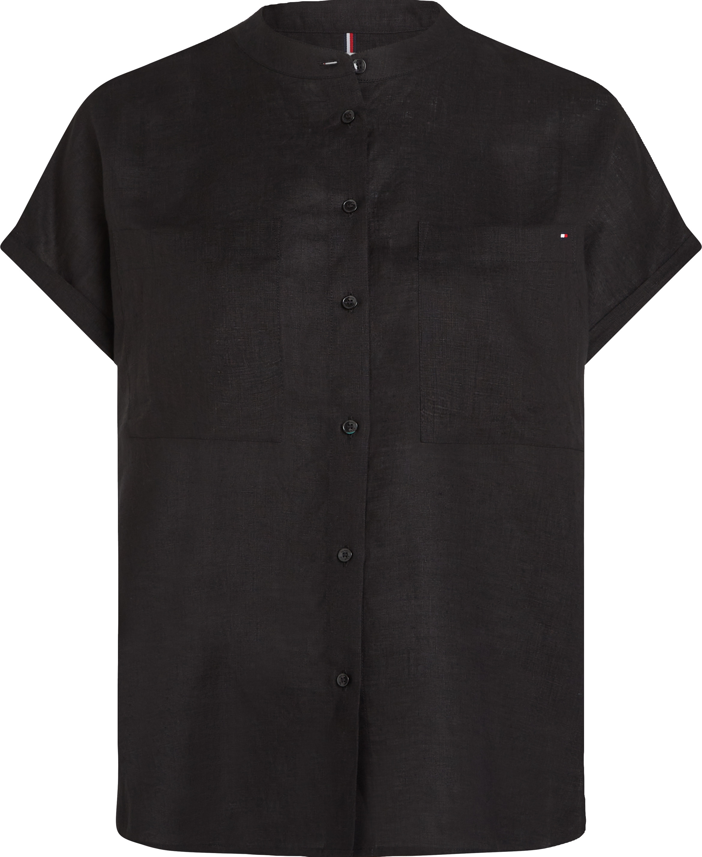 Tommy Hilfiger Kurzarmbluse »ESS LINEN COLLARLESS S/S BLOUSE«, mit Logostickerei,kühlendes Premium Leinen