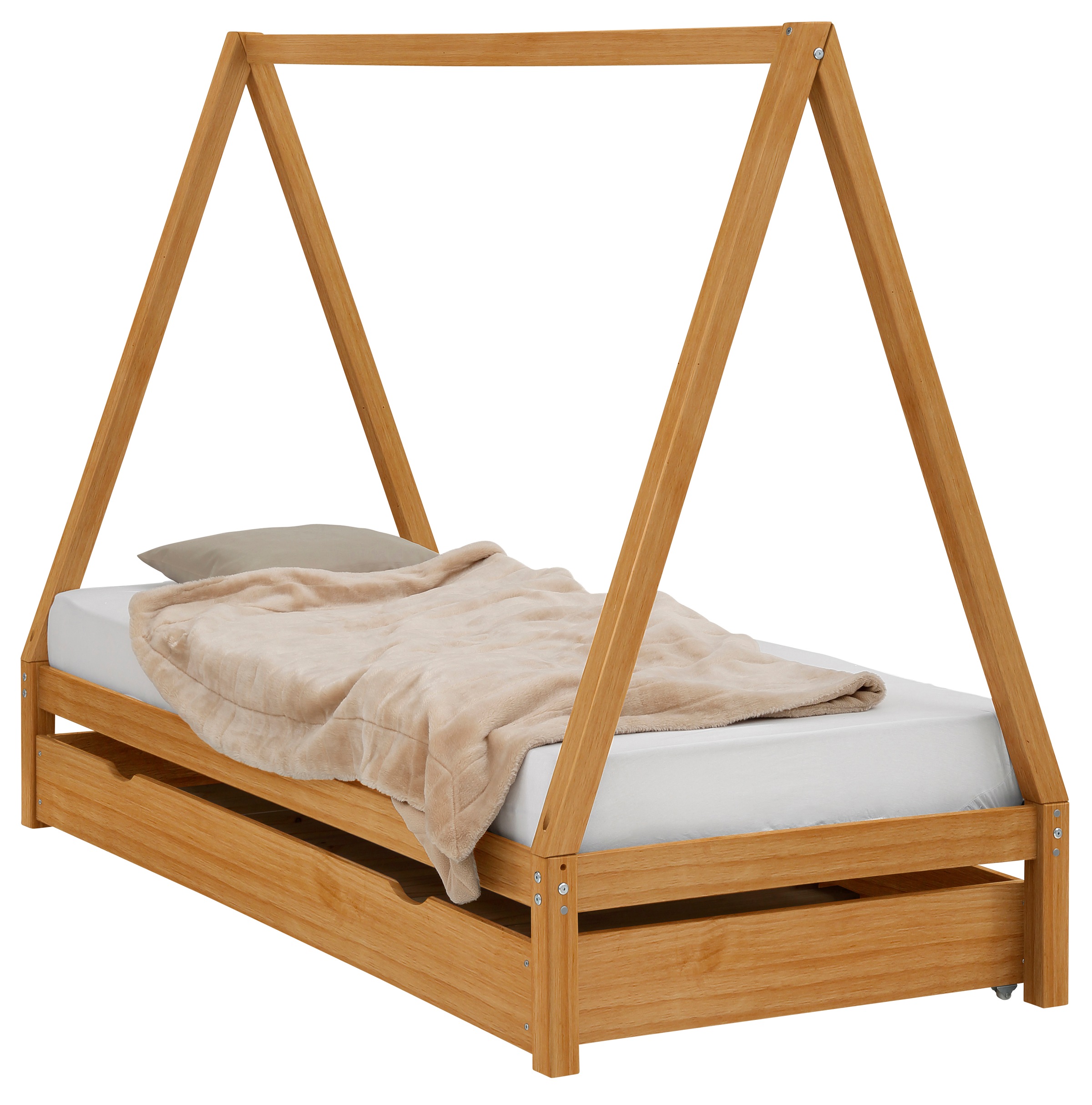 Image of Lüttenhütt Kinderbett »Alpi«, Hausbett, aus massivem Kiefernholz, in einer Tipizelt-Optik, inklusive Lattenrost, Bettschubkasten mit zusätzlicher Liegefläche und Lattenrost, Liegefläche 90x200 cm bei Ackermann Versand Schweiz