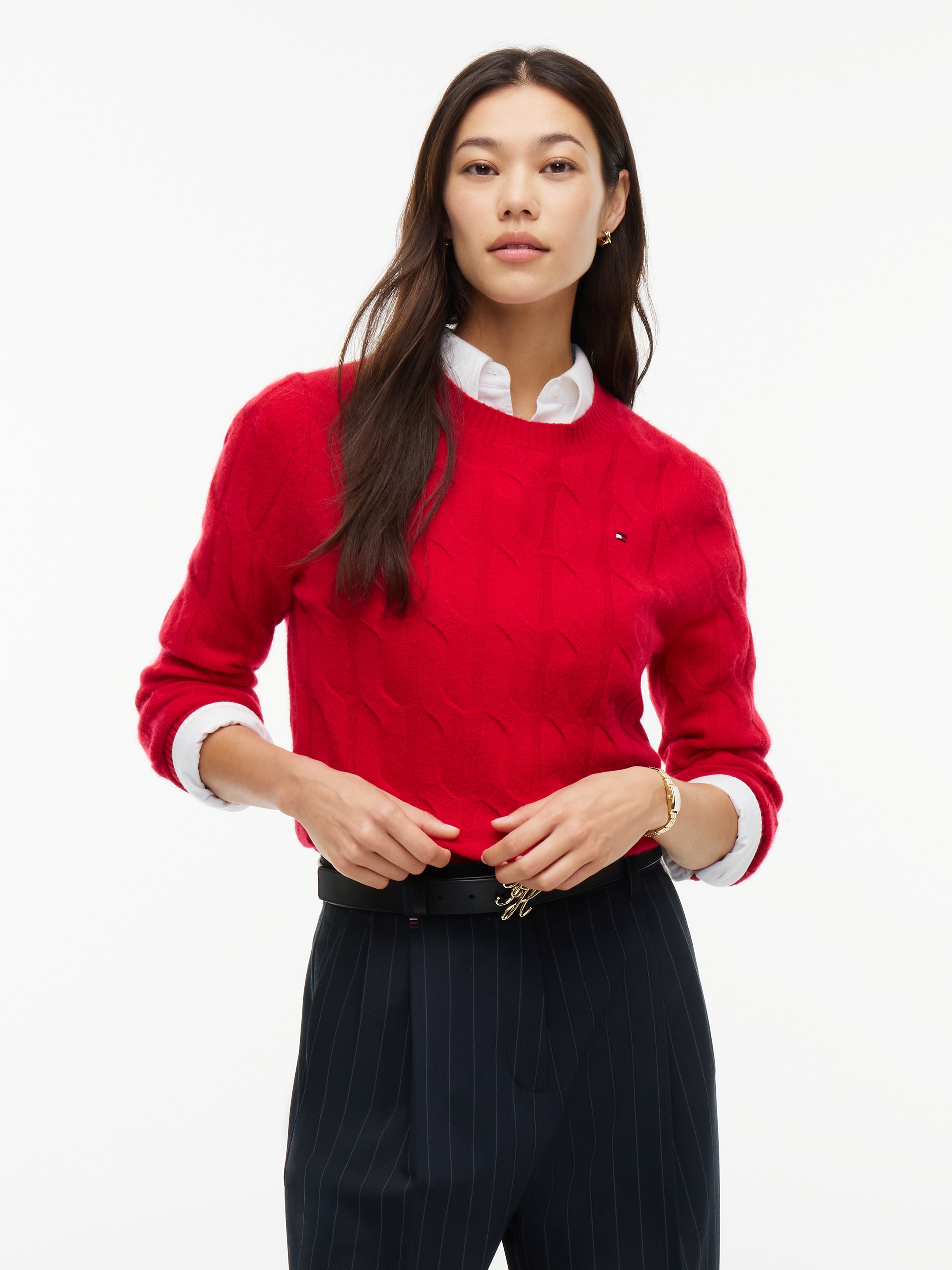 Image of Tommy Hilfiger Strickpullover "SOFT WOOL CABLE C-NK" mit Zopfmuster, aus reiner Wolle