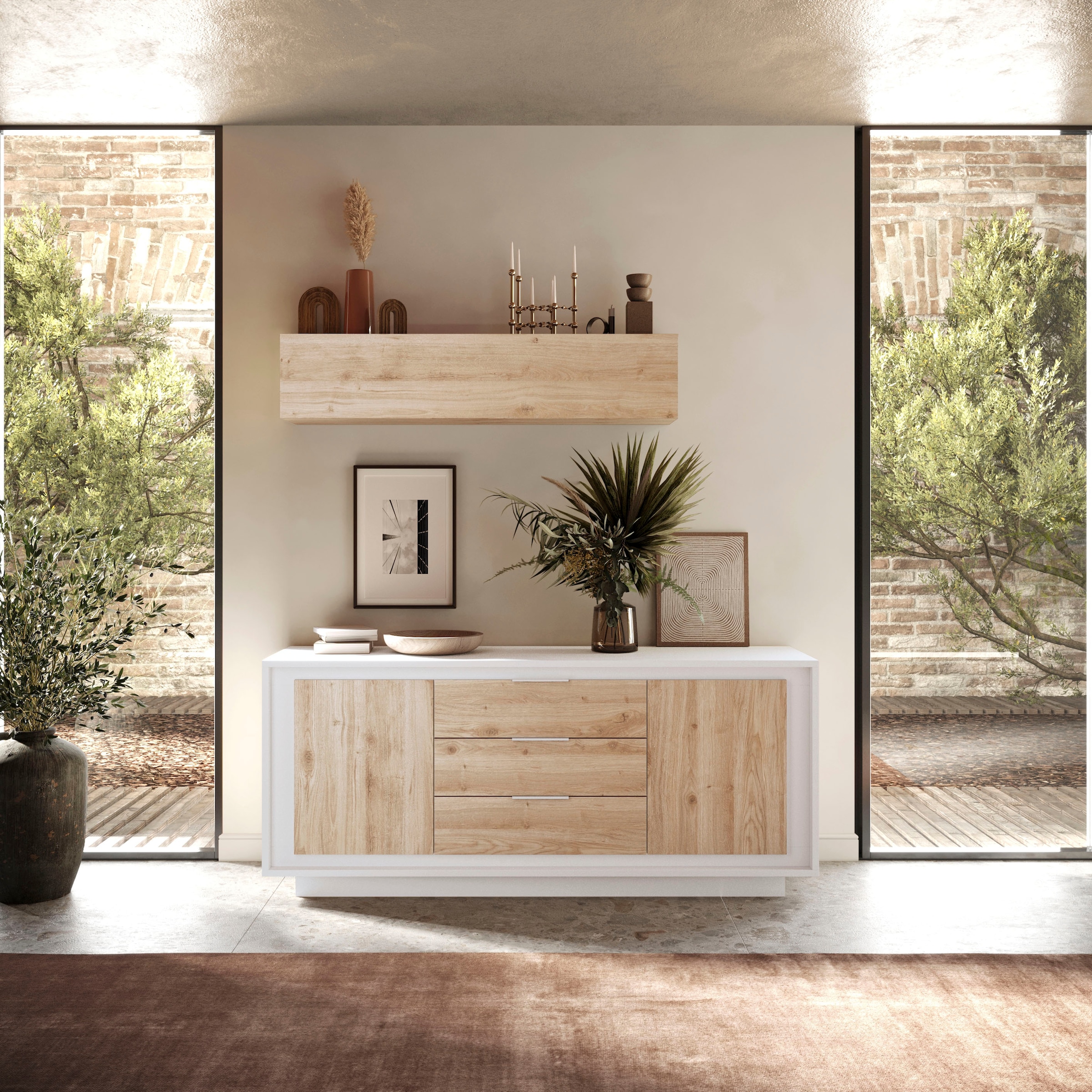 Home affaire Buffet »Sky, B/T 180/50 cm, Kommode/Stauraumschrank, 2 Türen, 3 Schubkästen« Fermeture douce, corps & façade épais de 22 mm, aspect cadre, poignées en métal
