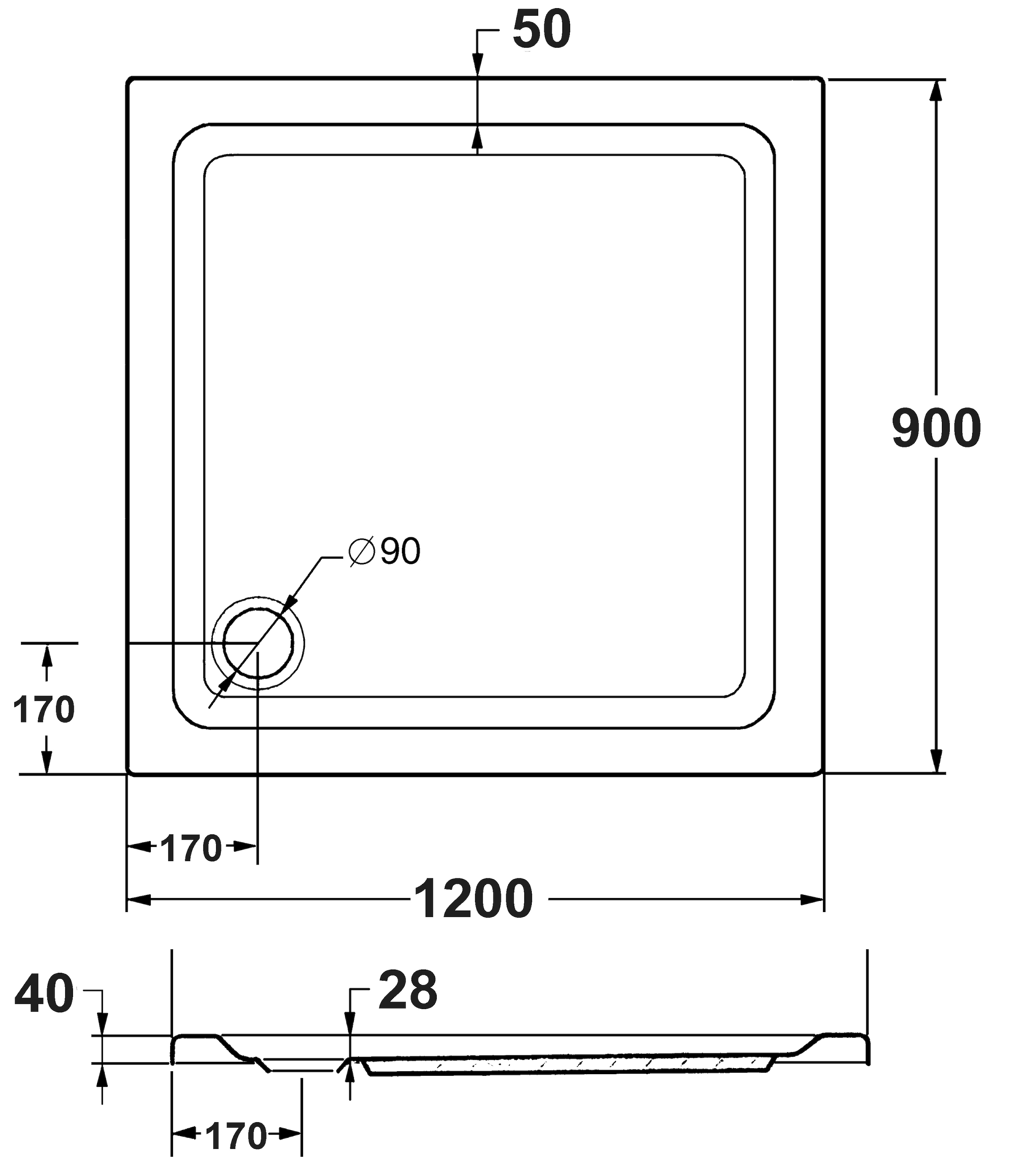 OTTOFOND Receveur de douche Ensemble,  120x90x3 cm, avec support de bac, garniture de vidange et bande d’étanchéité