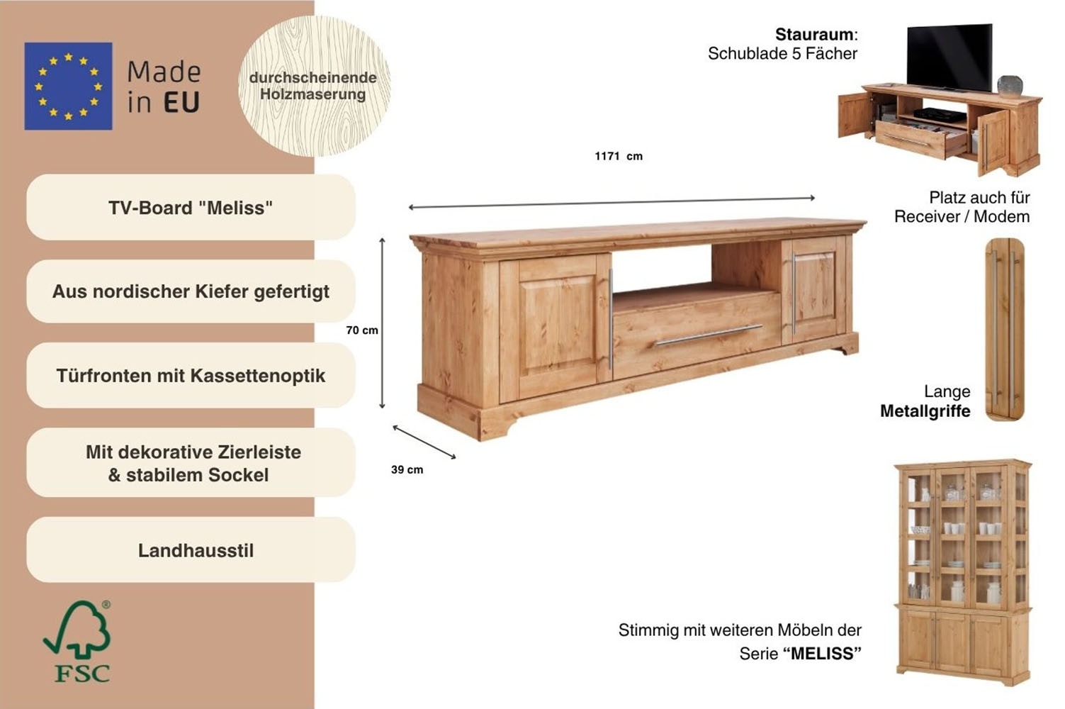 Home affaire Tableau TV »Meliss« Lowboard, 2-türig, Breite 171 cm, Kiefer massiv, FSC®