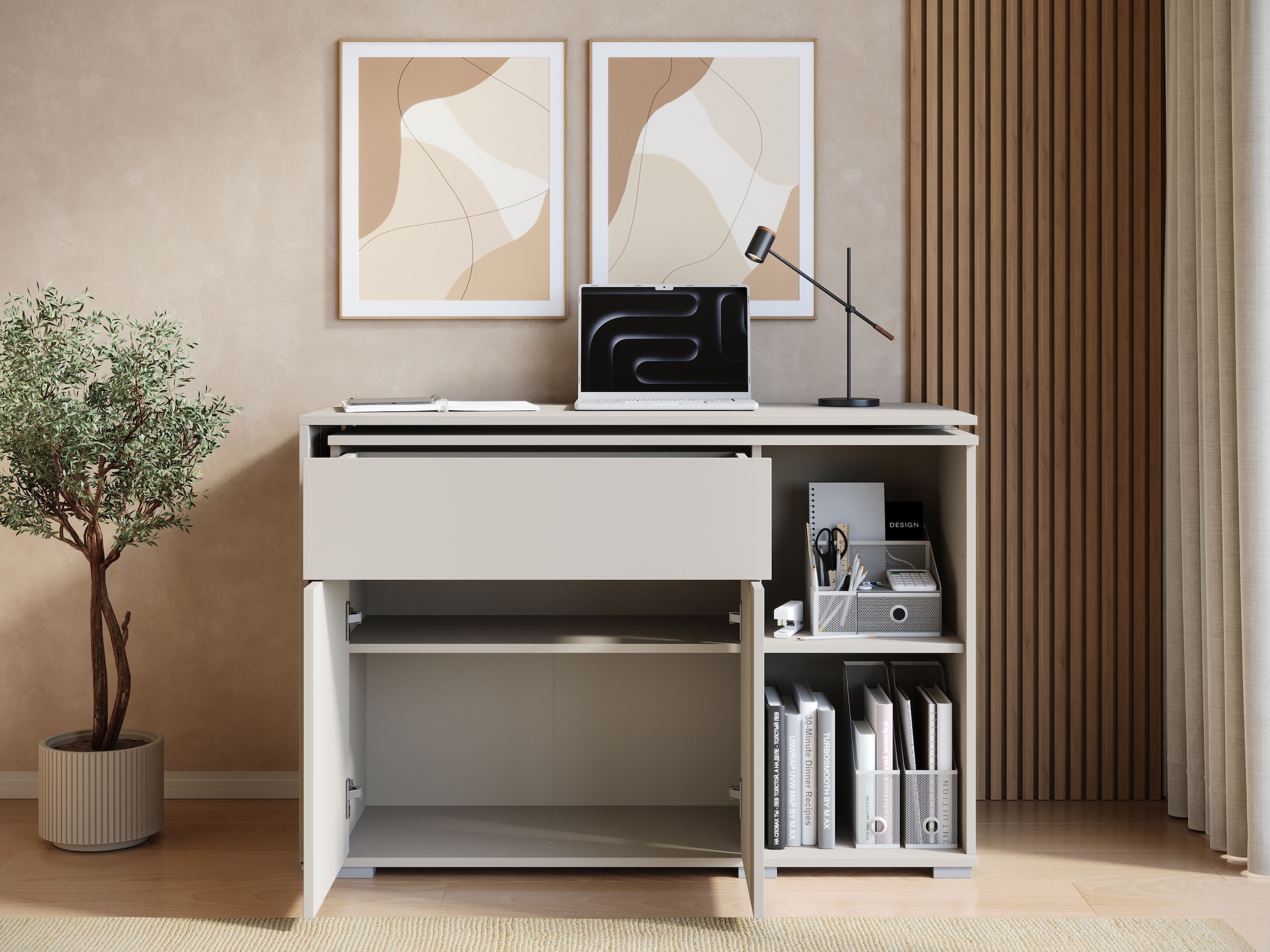 GOODproduct Schreibtisch »Kenia mit drehbarer Tischplatte 90°/180°, B/H/T: 109,5/75/50 cm« 1 Stk. tlg. Schublade & Türen mit Push-to-open, 2 höhenverstellbare Böden