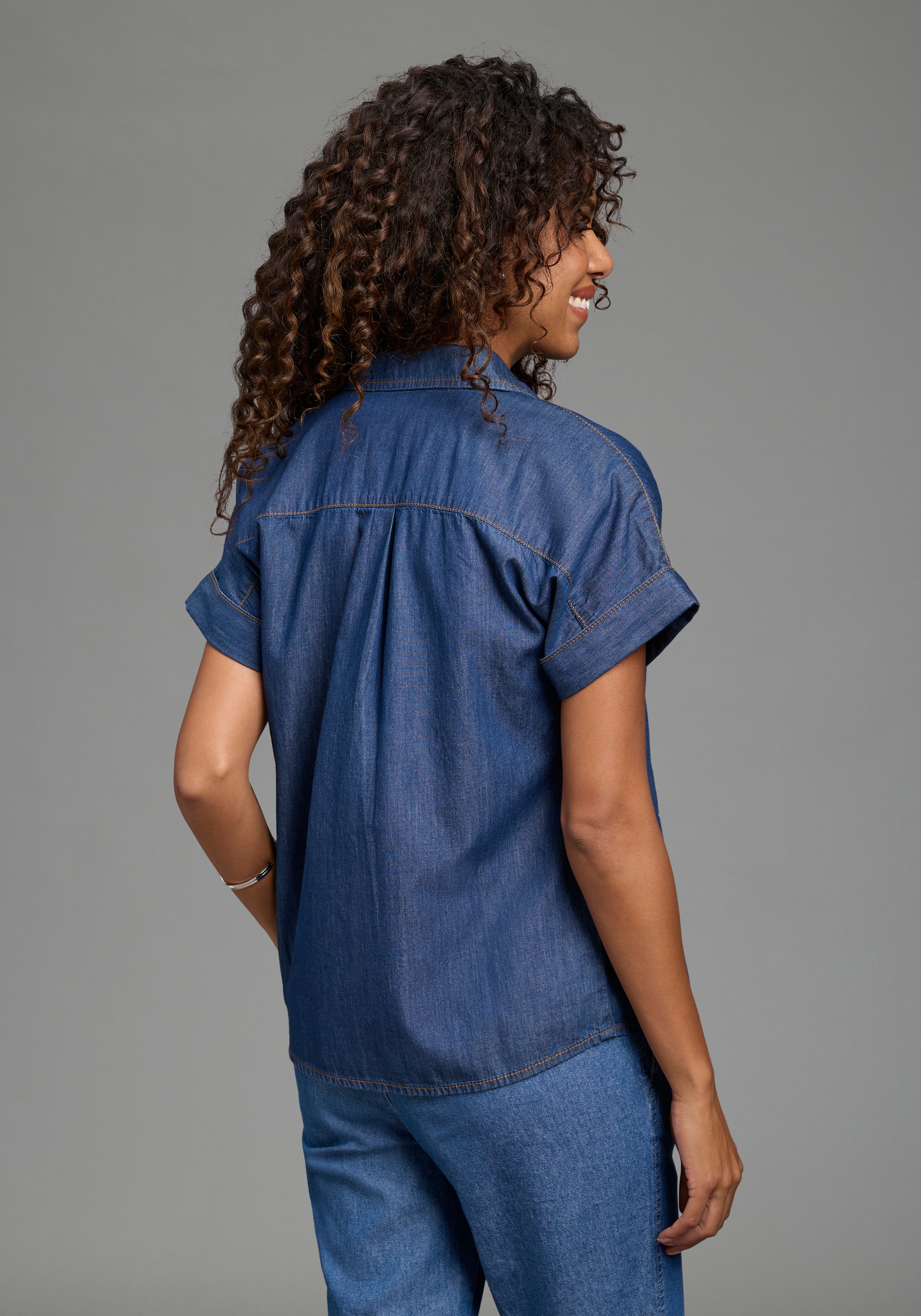 Arizona Blouse en jean »halbarm« avec col de chemisier, coupe confortable, également en grandes tailles,