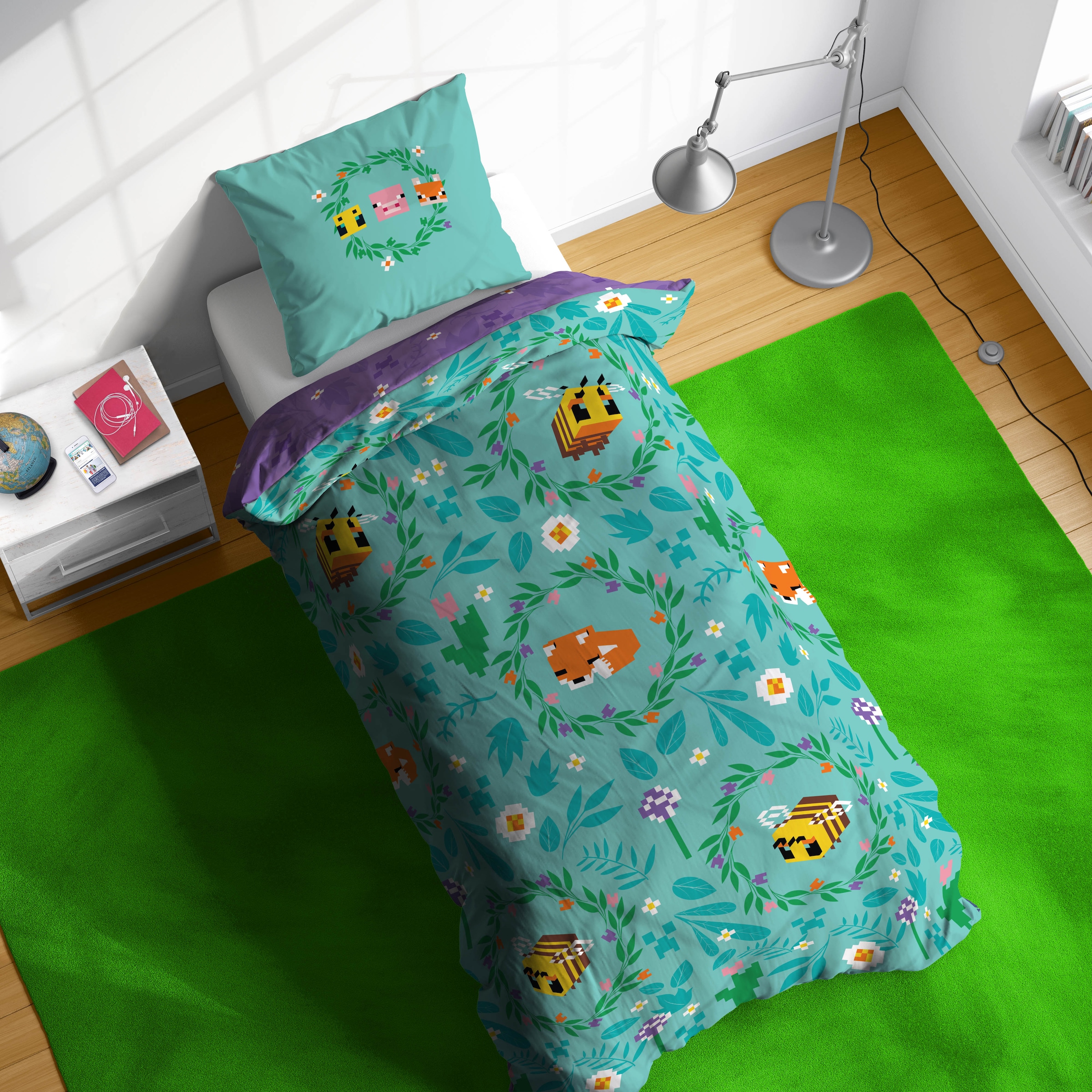 Minecraft Linge de lit pour enfants »Minecraft Bettbezug-Set  135x200 cm + Kissenbezug 80x80 cm« 2 pièces 100 % coton, lavable en machine, réversible