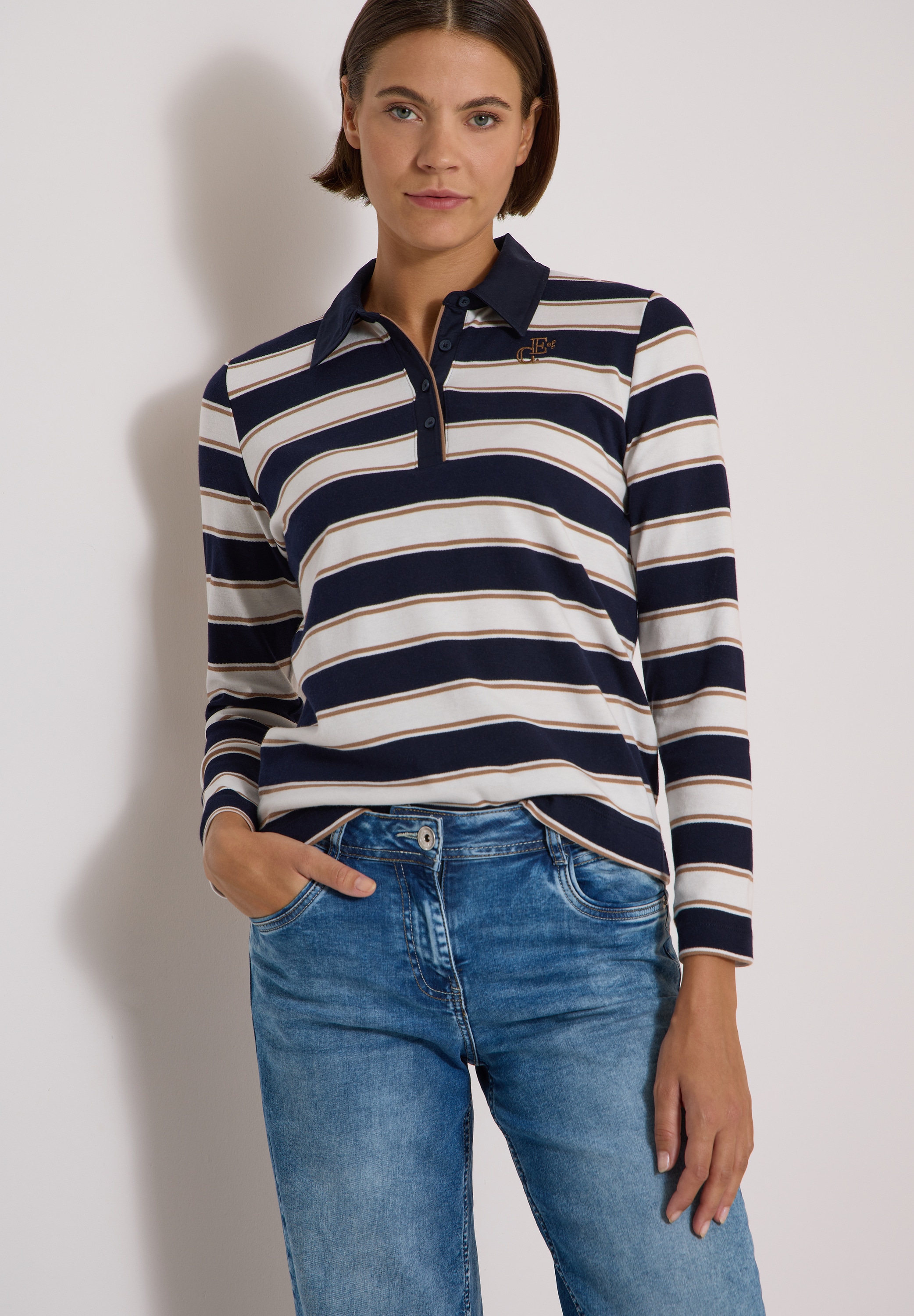Cecil Langarm-Poloshirt mit Streifen und Stickerei