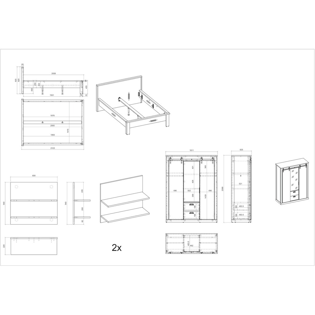 Home affaire Schlafzimmer-Set »SHERWOOD«, (4 St.), Liegefläche 140x200cm, Schrank 3-trg. 161cm breit