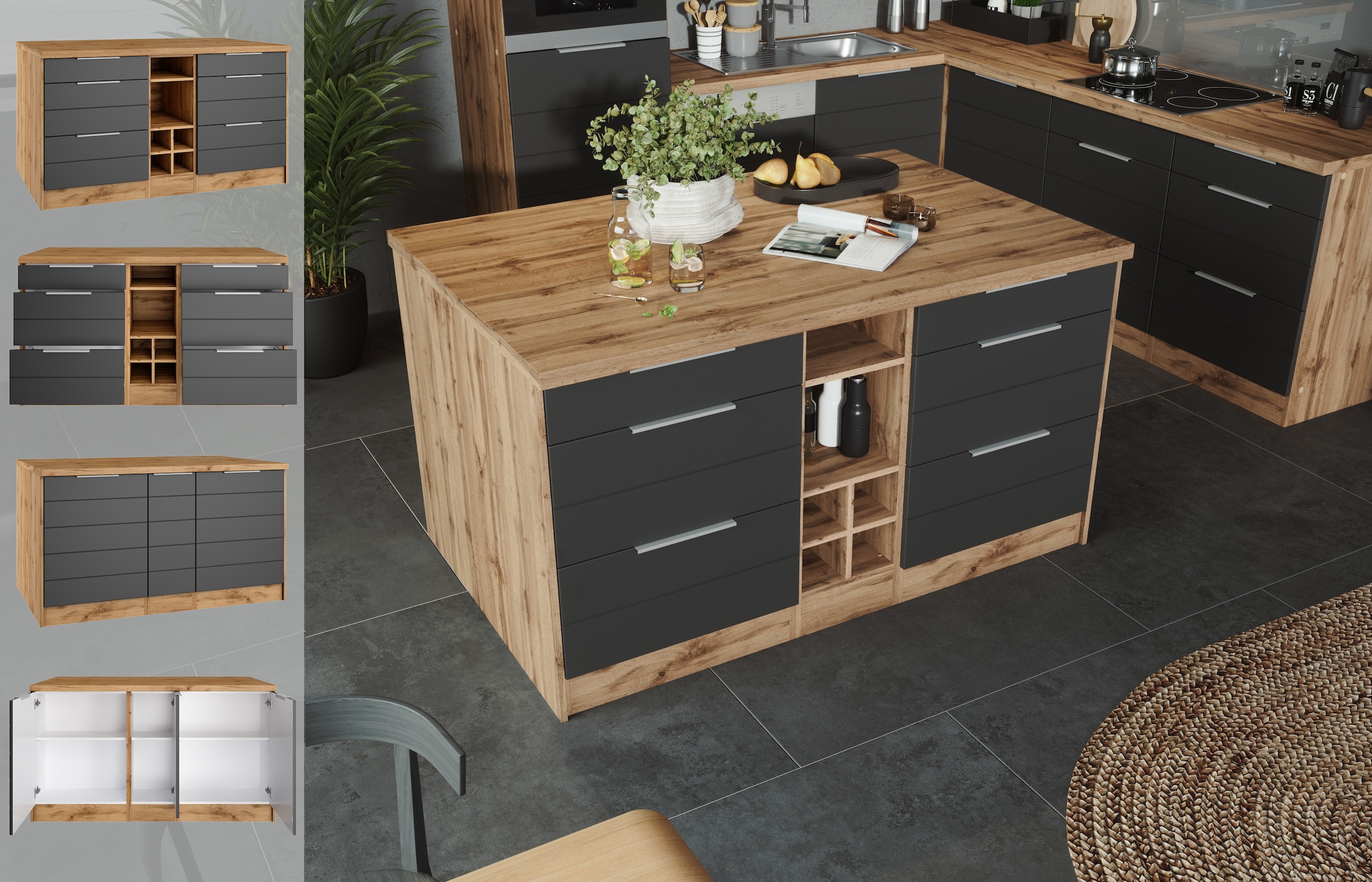 Image of KOCHSTATION Kücheninsel "KS-Luhe, Breite 153 cm, mit Flaschenregal" MDF-Fronten, Arbeitsplatte 38mm stark
