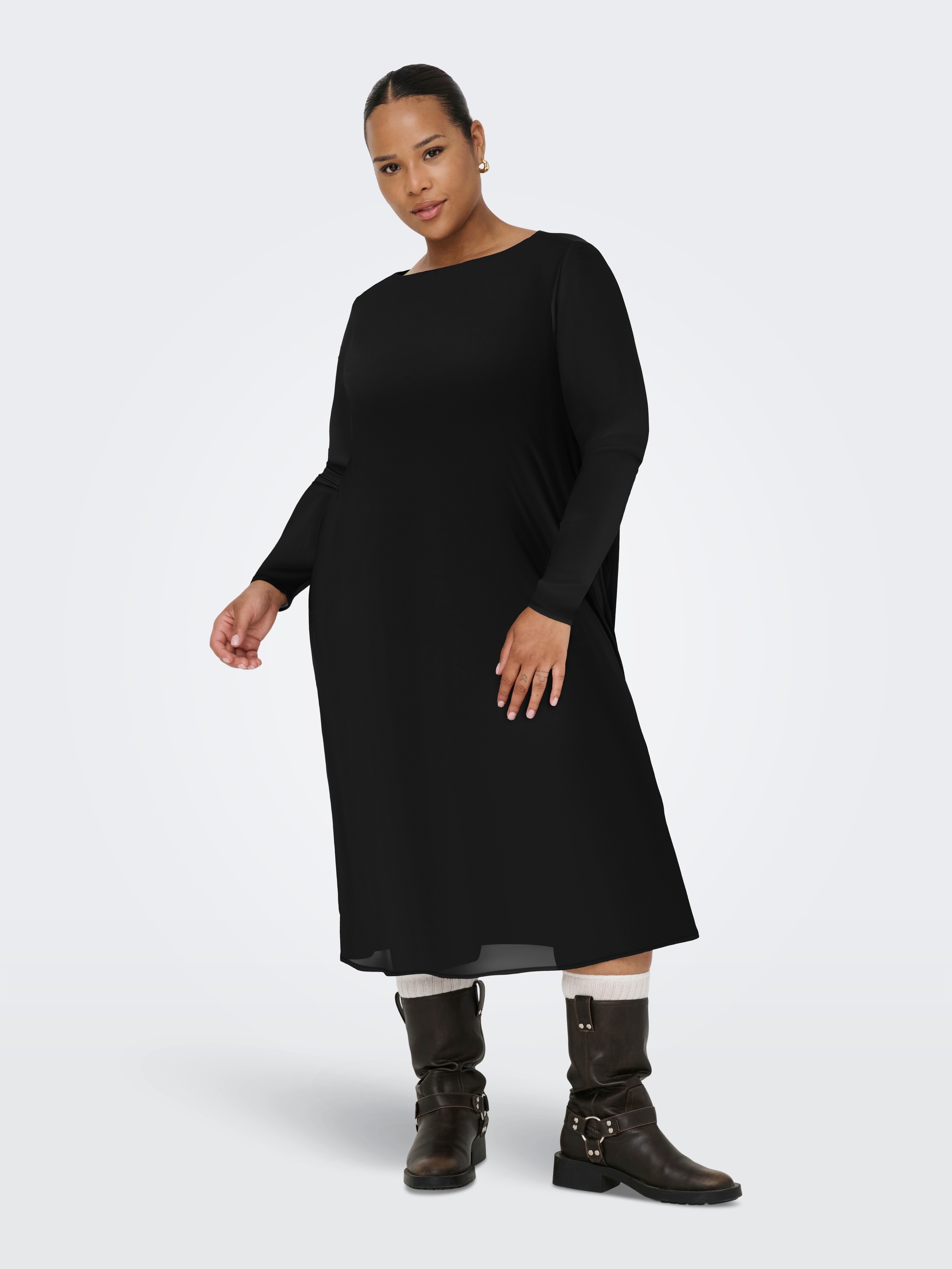 Image of ONLY CARMAKOMA Chiffonkleid "CARFOREST LIFE LS BOATNECK BLK DRESS JRS" Sommerkleid