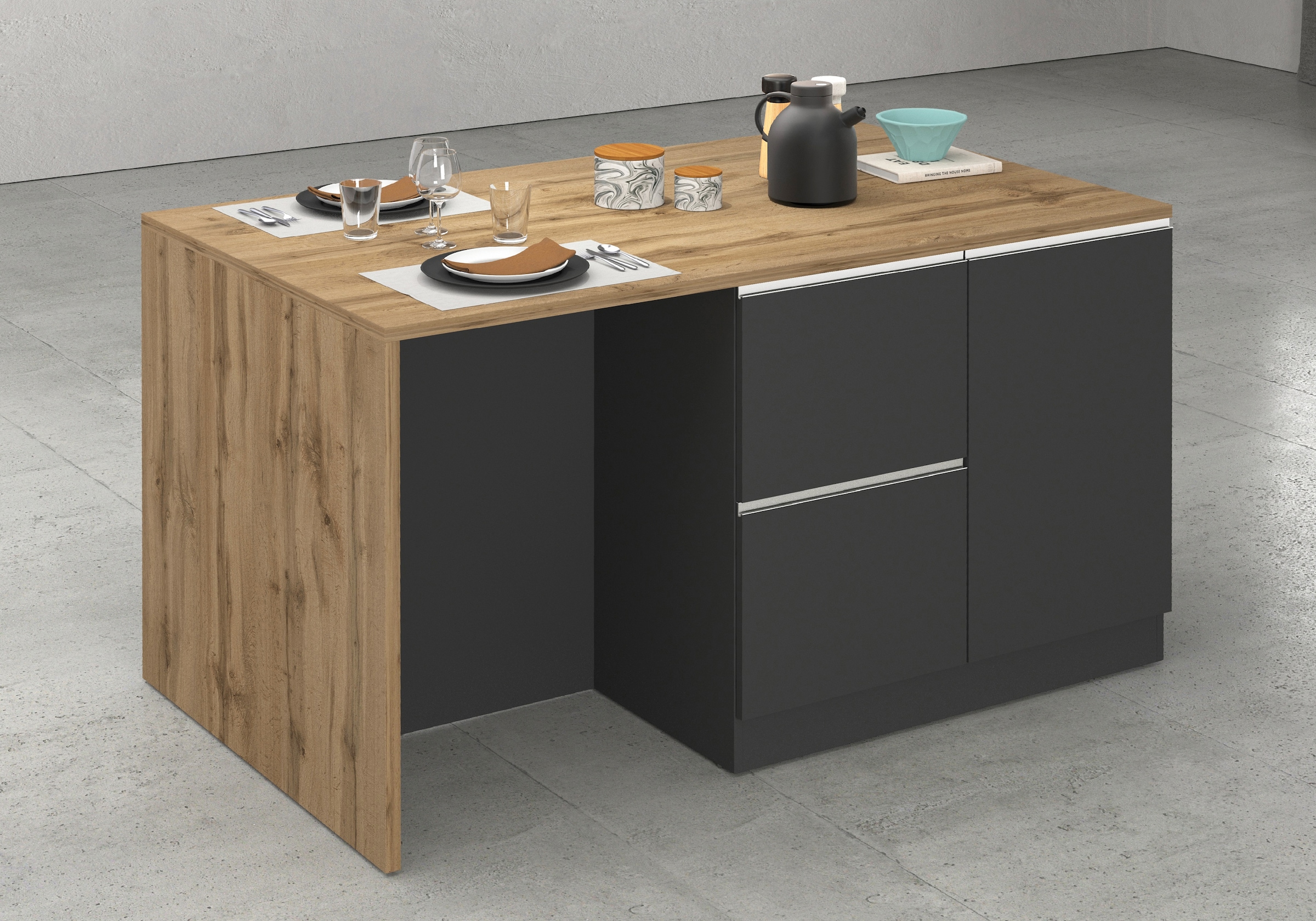 KOCHSTATION Ilot de cuisine »KS-Sole, Kochinsel, Küchenarbeitsblock, Inselküche, Arbeitsinsel« Breite 152,5 cm, mit Essplatz, Handtuchhalter, Fächer und Weinregal