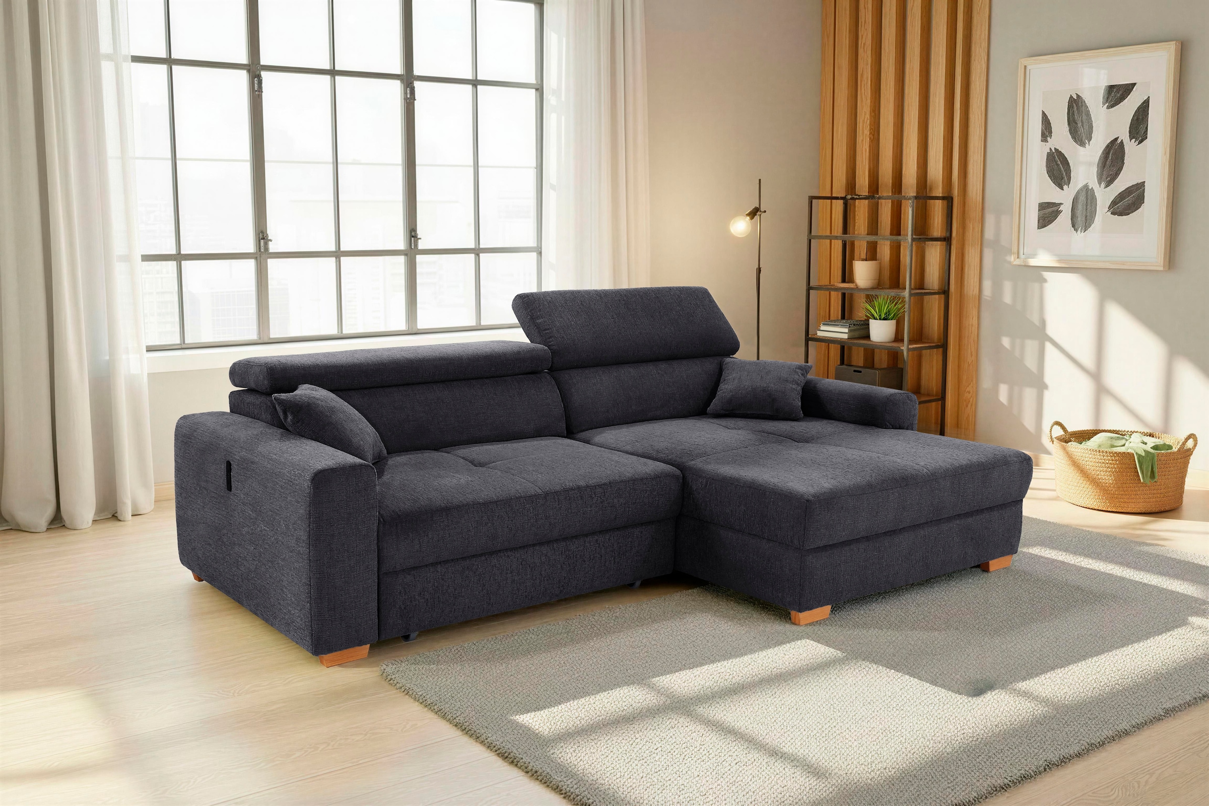 Jockenhöfer Gruppe Ecksofa »Slider L-Form, B: 277 cm, mit 60 cm elektr. Sitztiefenverstellung« 140kg Belastbarkeit, USB-Anschluss, Kopfteilverstellung & Zierkissen
