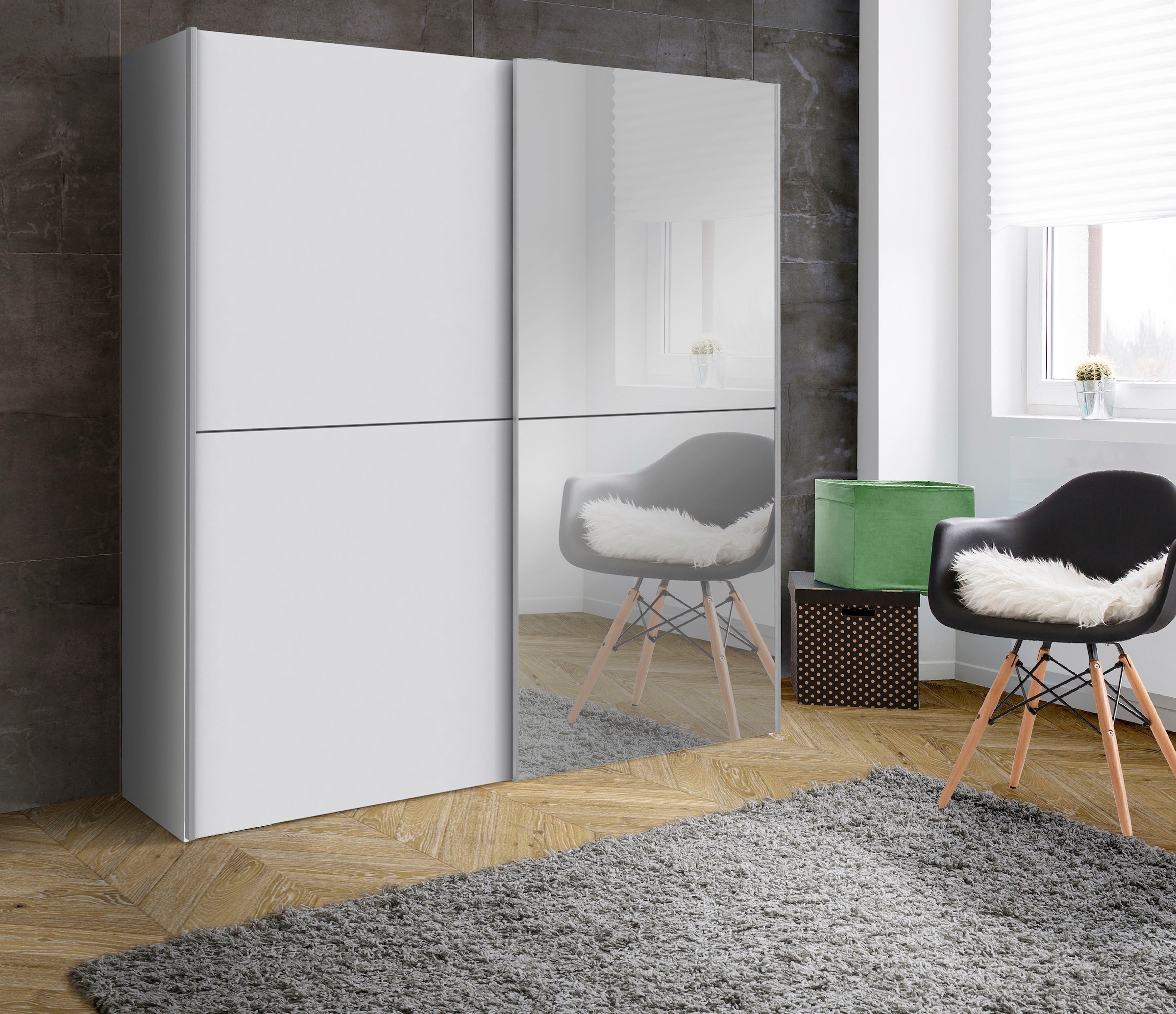 Image of FORTE Schwebetürenschrank ""White Kiss", Made in Europe, ideal für kleine Räume" B/H/T ca. 170x190x61cm, mit Spiegel und 2 Schiebetüren