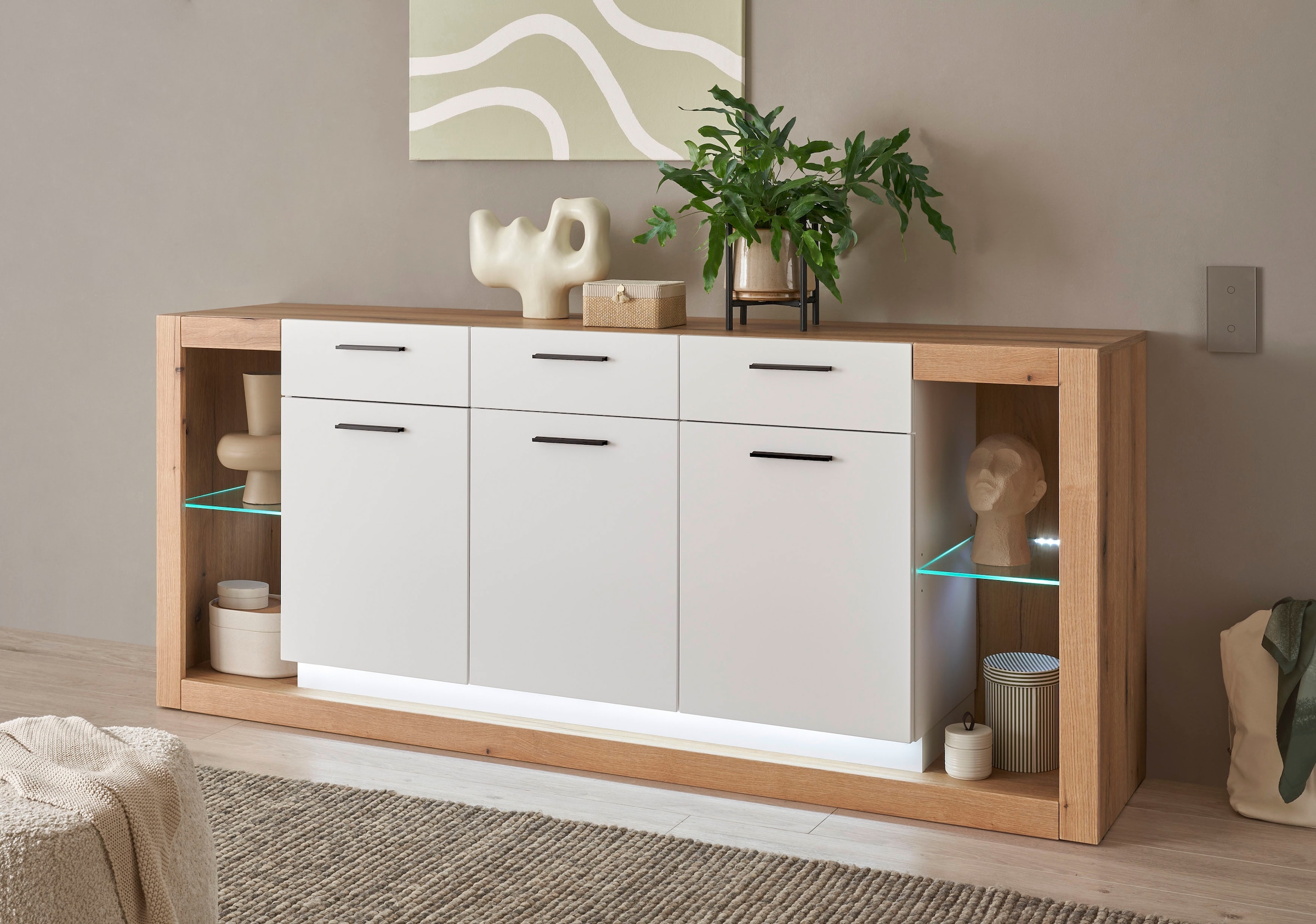 INOSIGN Wohnwand »Brixen, moderne Anbauwand, Wohnzimmer-Set, Eiche Evoke Dekor mit Weiss«, (Set, 3 St.), enthält Stauraumelement, Sideboard und Wandboard
