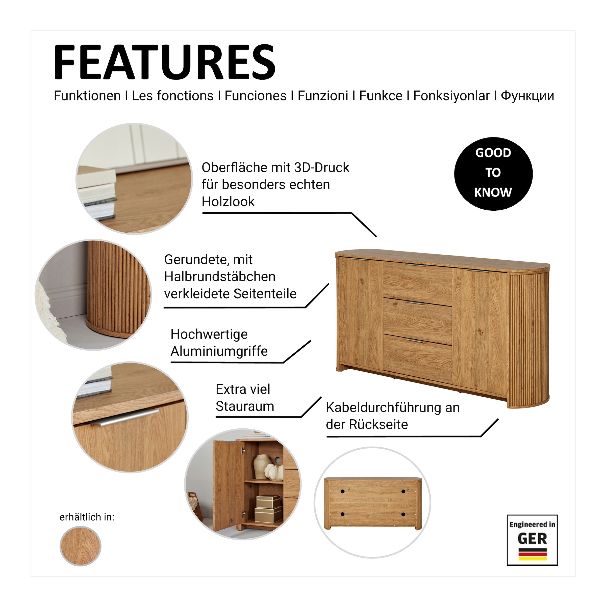 Jahnke Tableau TV »MOON TV 175« 1 cuis tlg. buffet, 2 portes & 3 tiroirs, arrondi, largeur env. 160 cm