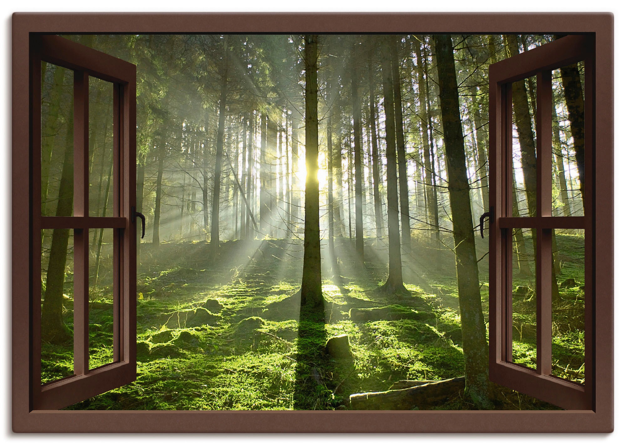 Image of Artland Wandbild »Fensterblick - Wald im Gegenlicht«, Fensterblick, (1 St.), in vielen Grössen & Produktarten -Leinwandbild, Poster, Wandaufkleber / Wandtattoo auch für Badezimmer geeignet bei Ackermann Versand Schweiz