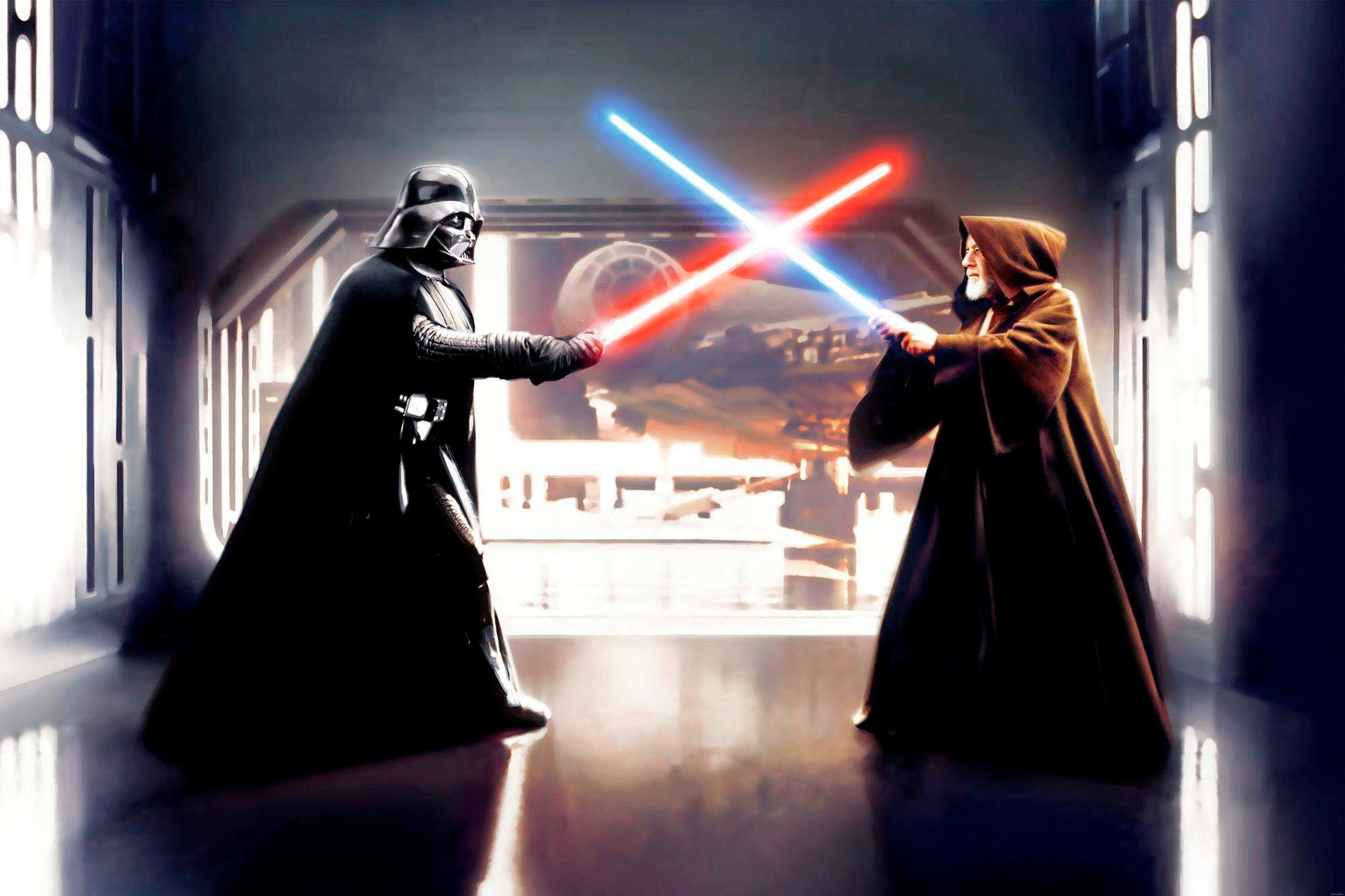 ✌ Komar Vliestapete »Star Wars Vader vs. Kenobi«, 300x200 cm (Breite x Höhe),  Vliestapete, 100 cm Bahnbreite Acheter en ligne | Fototapeten