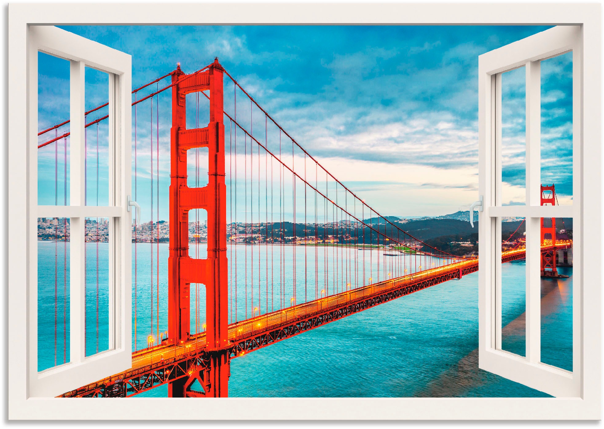 Image of Artland Wandbild »Fensterblick Golden Gate Bridge«, Fensterblick, (1 St.), in vielen Grössen & Produktarten - Alubild / Outdoorbild für den Aussenbereich, Leinwandbild, Poster, Wandaufkleber / Wandtattoo auch für Badezimmer geeignet bei Ackermann Versand 