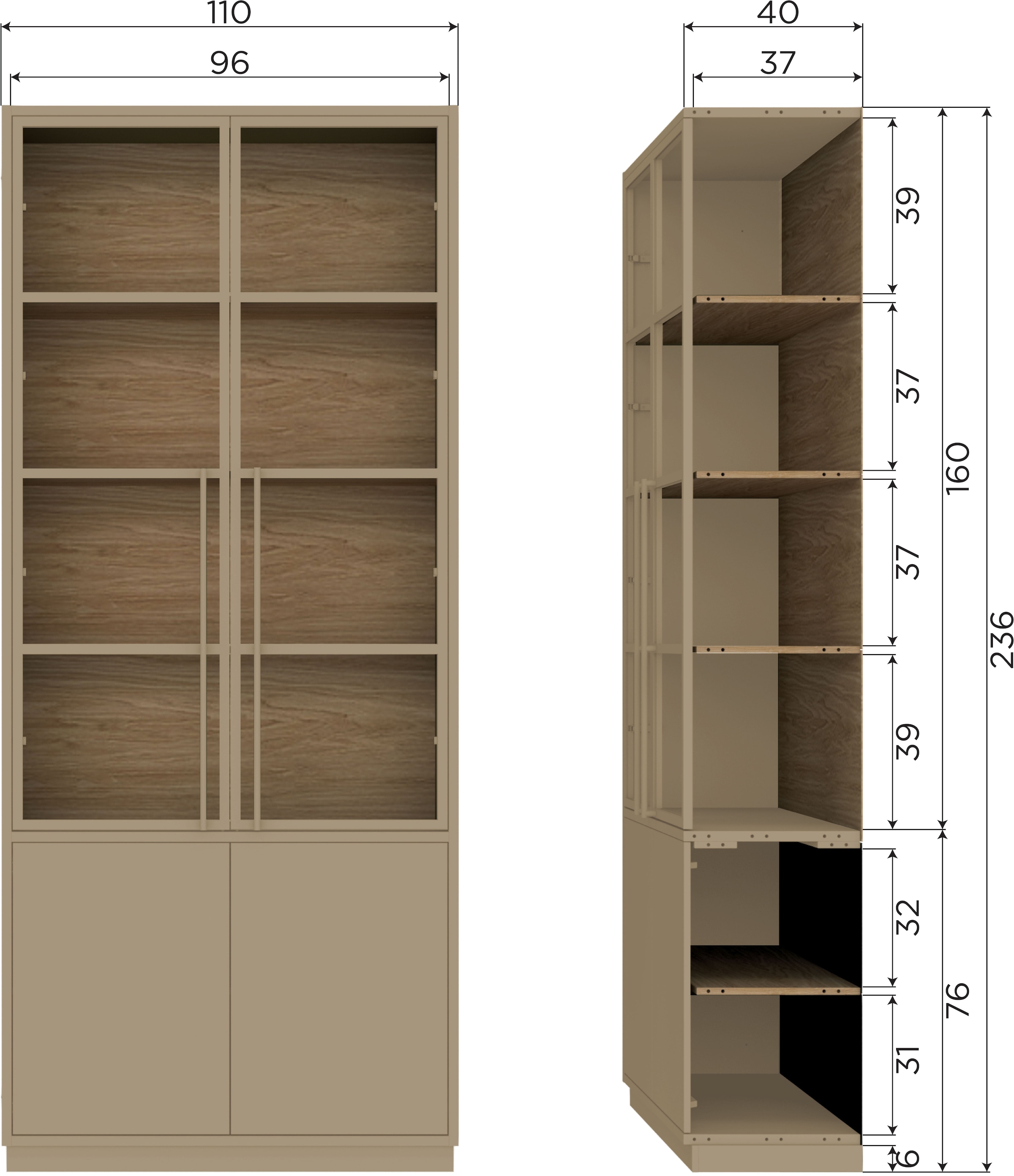 WOOOD Glasvitrine »Casa FSC® Mix Kiefernholz Glastüren mit Eichendekor 101x40x236 cm« Kratzfeste Melaminoberfläche, sichtbare Maserung, einfach zu montieren