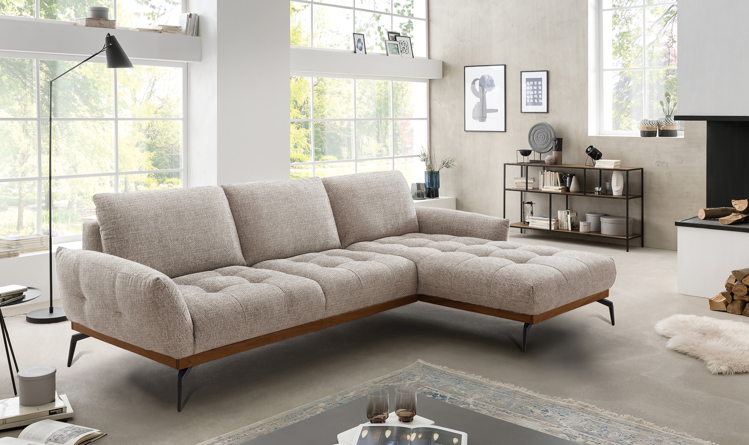 exxpo - sofa fashion Ecksofa »NICEA, erstklassiger Komfort, tolle Details, Holzsockel in eiche geölt«, In hochwertiger Verarbeitung und ergonomische Sitzposition