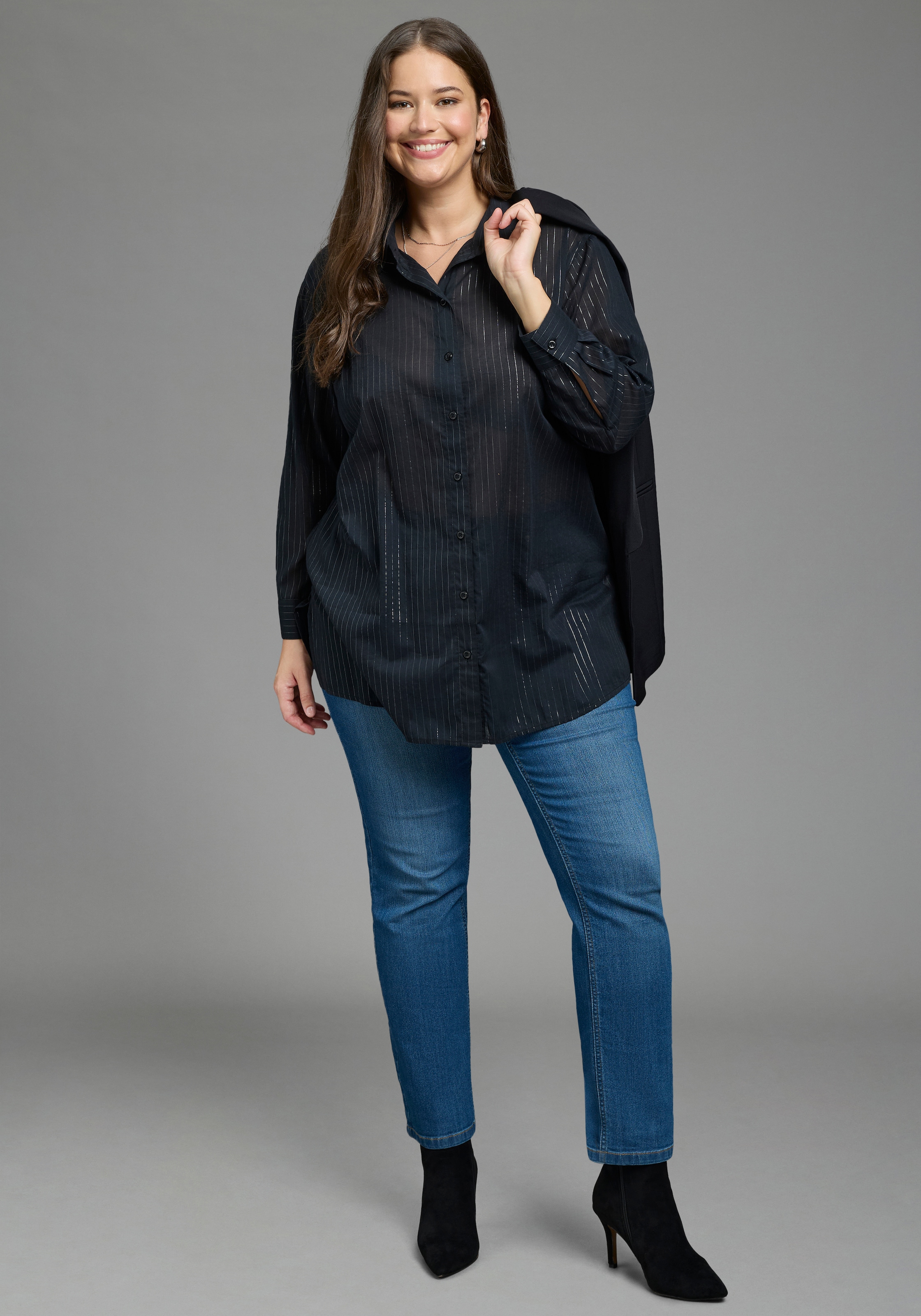 Laura Scott CURVE Klassische Bluse »Grosse Grössen« femininer Stil, aus Baumwolle, mit feinem Nadelstreifenmuster