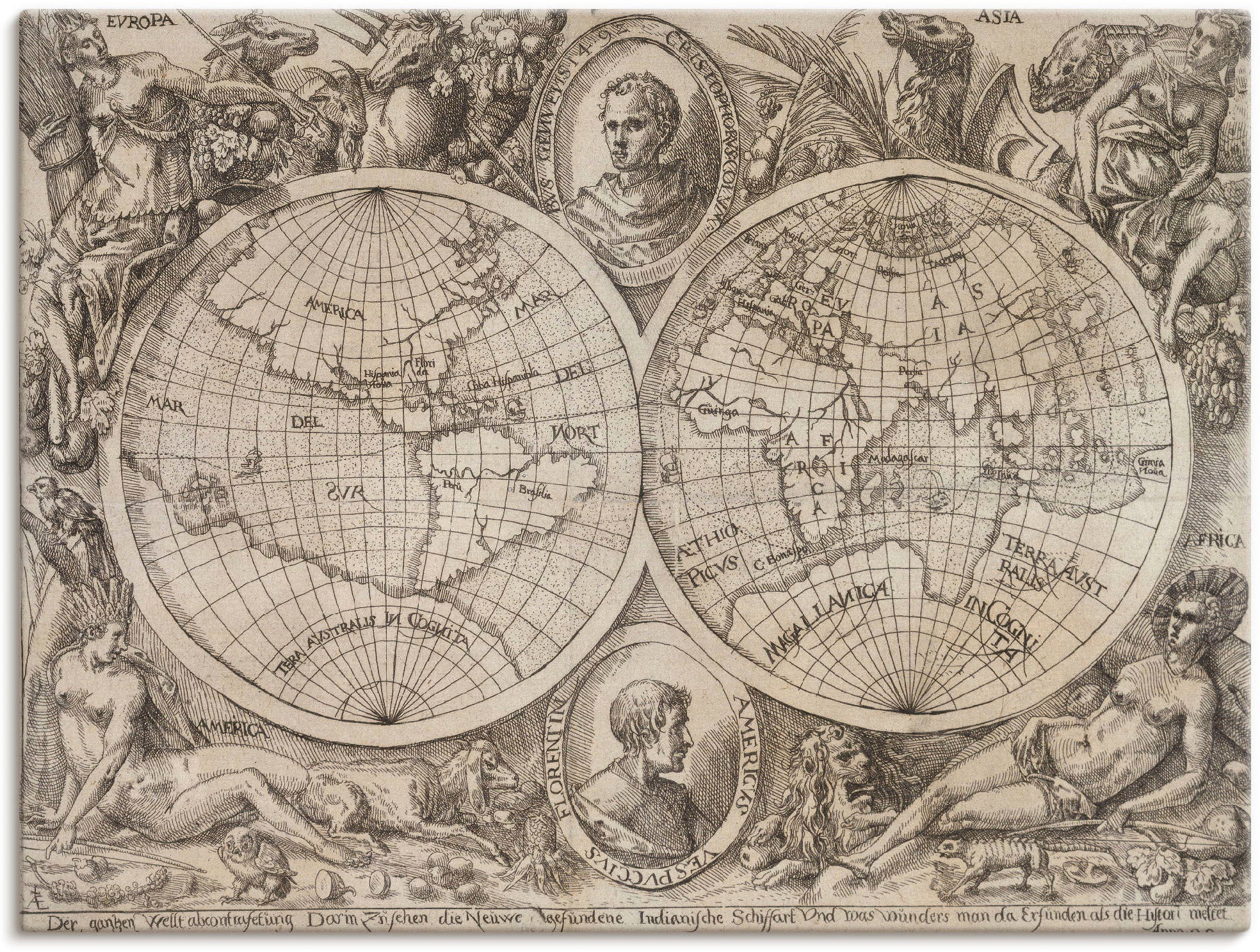 Image of Artland Wandbild »Karte der Erdhemisphären. 1597«, Landkarten, (1 St.), in vielen Grössen & Produktarten -Leinwandbild, Poster, Wandaufkleber / Wandtattoo auch für Badezimmer geeignet bei Ackermann Versand Schweiz