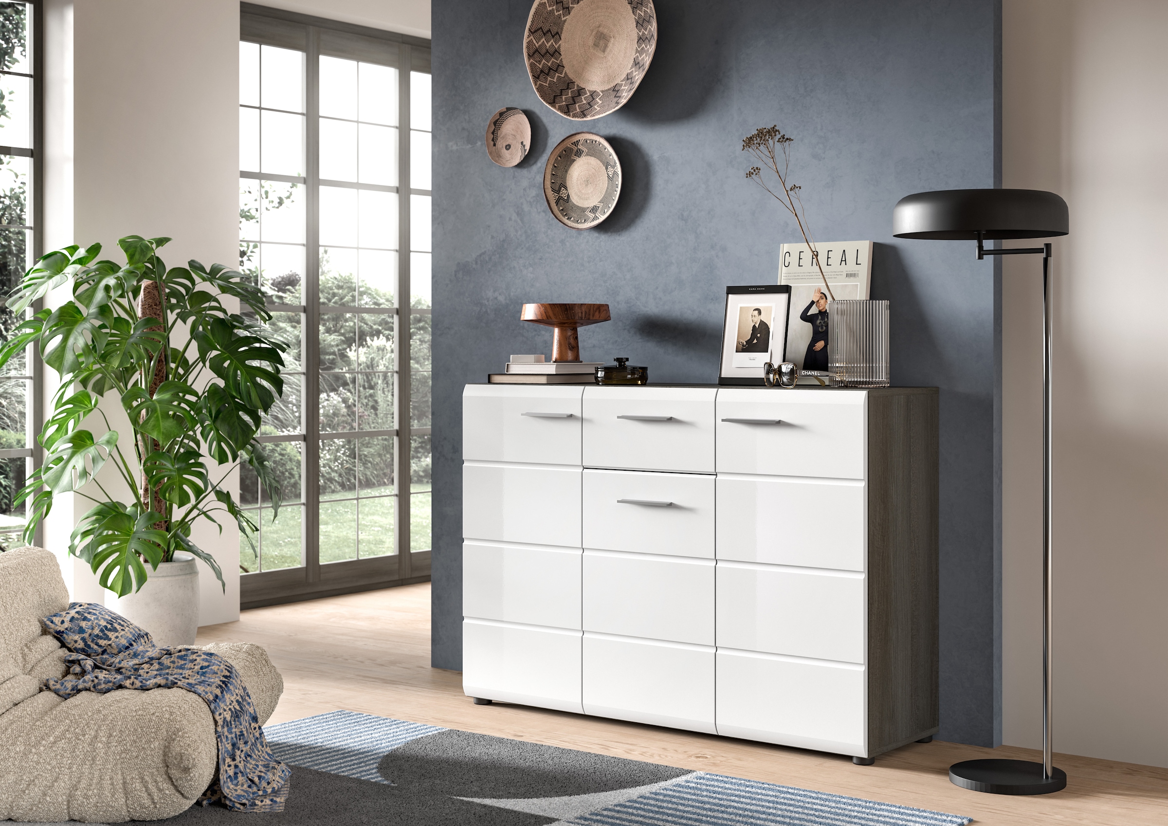 Sideboard »Rumba, Breite 120cm, in Rauchsilberfarben Nachbildung/Weiss Hochglanz«,...