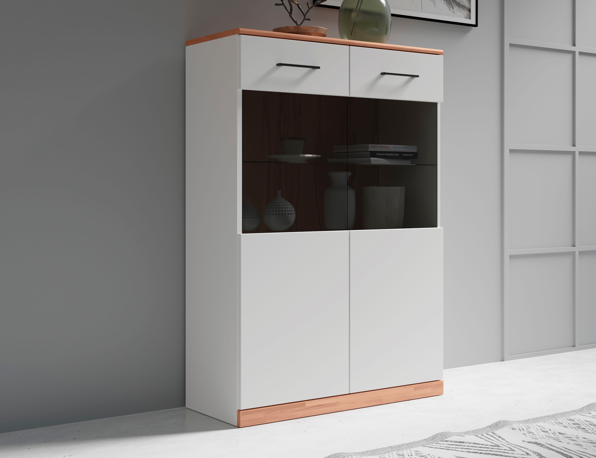 GOODproduct Vitrine »Ribe, 125 cm hoch, Fronten Massivholz, 4 breite Fächer« Korpus Holzwerkstoff, 2Türen mit Glaseinsatz, einlegeboden verstellbar