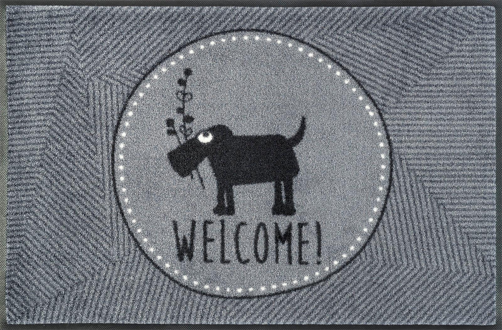 Image of wash+dry by Kleen-Tex Fussmatte "Herr Just, Welcome" rechteckig 9 mm Höhe Schmutzfangmatte, Motiv Hund, mit Spruch, rutschhemmend
