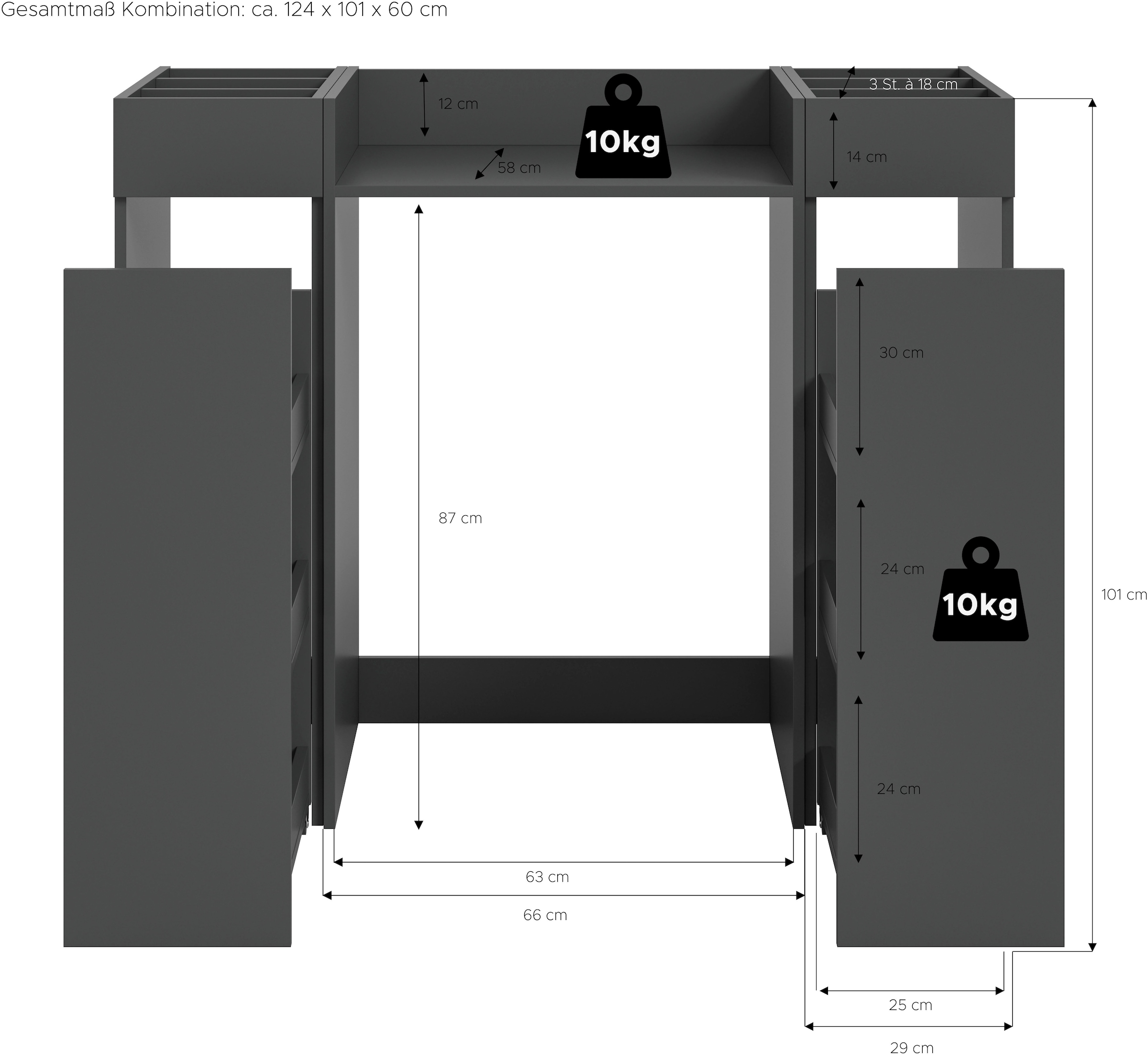 welltime Ensemble de meubles de salle de bain »FALAS,  3-teilig, Hauswirtschaftsraum Set, Breite 124 cm« Ensemble, composé de : meuble d’encastrement lave-linge et 2 étagères, 3 cuis tlg.
