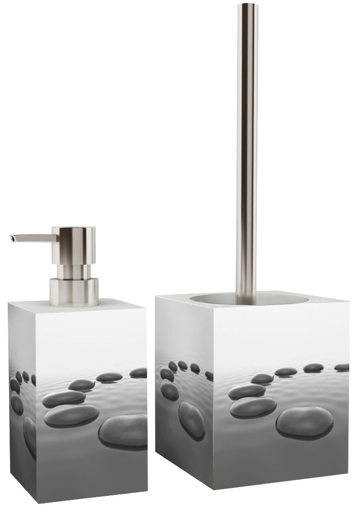 Sanilo Set d'accessoires de salle de bain »Black Stones« bestehend aus WC-Sitz, Badteppich, Stöpsel, Seifenspender, WC-Bürste