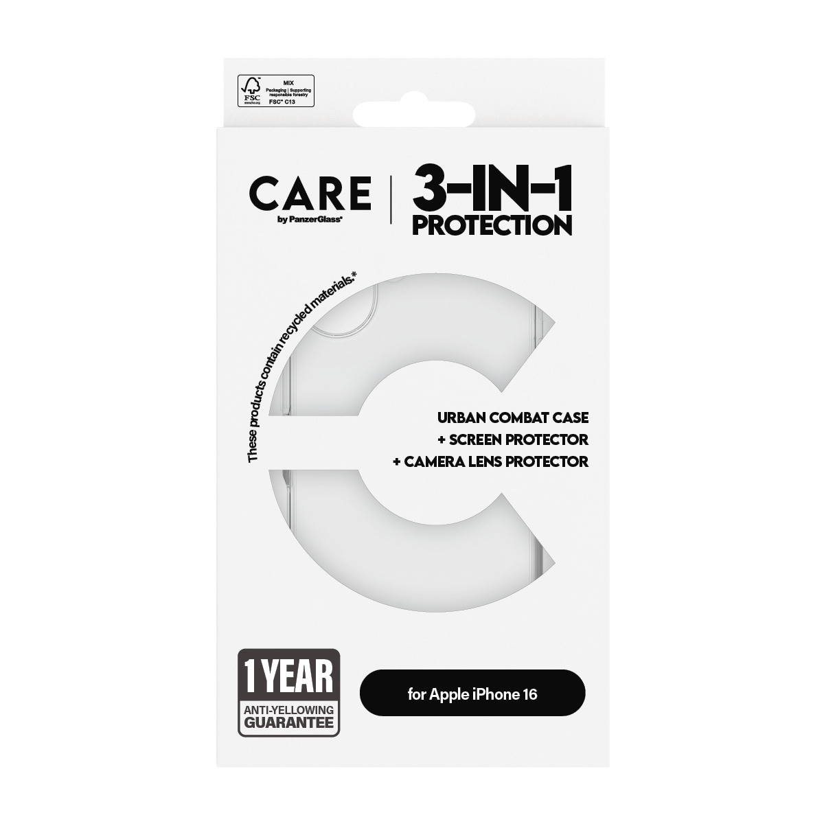 CARE by PanzerGlass Displayschutzglas »3-in-1 Protection, Glass, Case, Lenscover«, für Apple iPhone 16, Displayschutzfolie, Schutzfolie, Bildschirmschutz, kratz- & stossfest