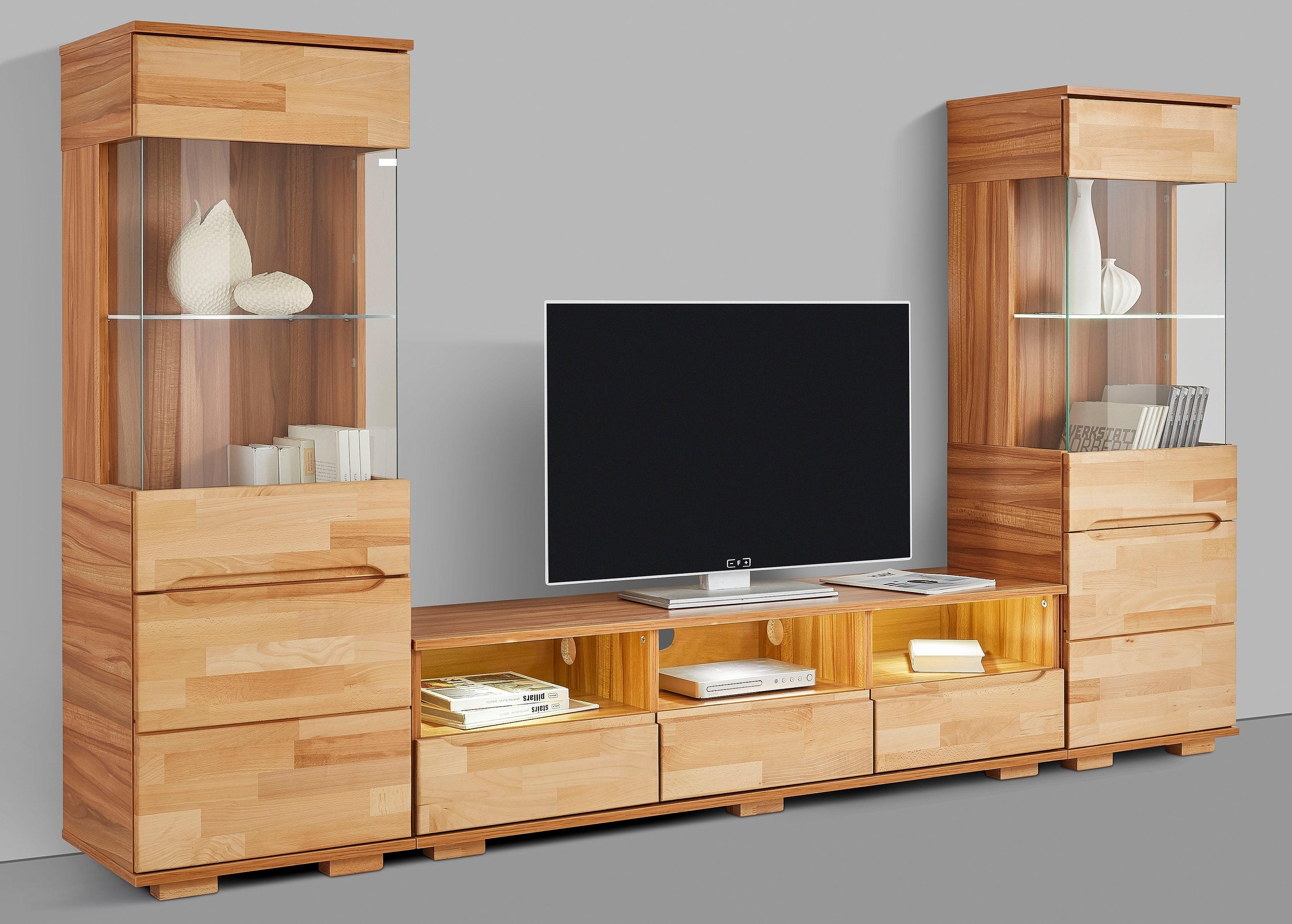 Image of GOODproduct Wohnwand "Vetro,Fronten Massivholz,Korpus Holzwekstoff,Griffmulden" Set, 3 Stk. tlg.