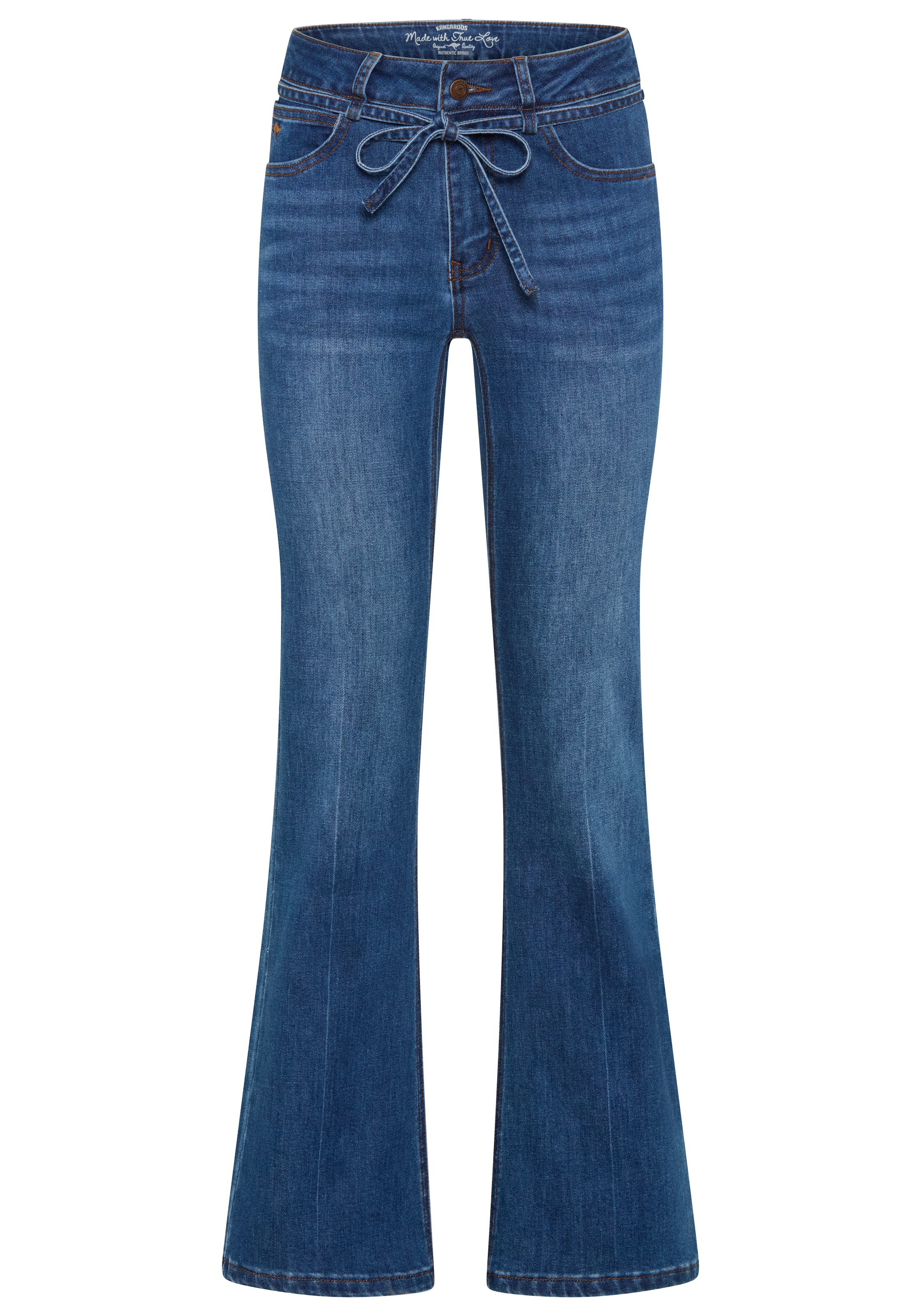 KangaROOS Bootcut-Jeans mit Reissverschluss, Knopf und Bindeband, lange Beinlänge