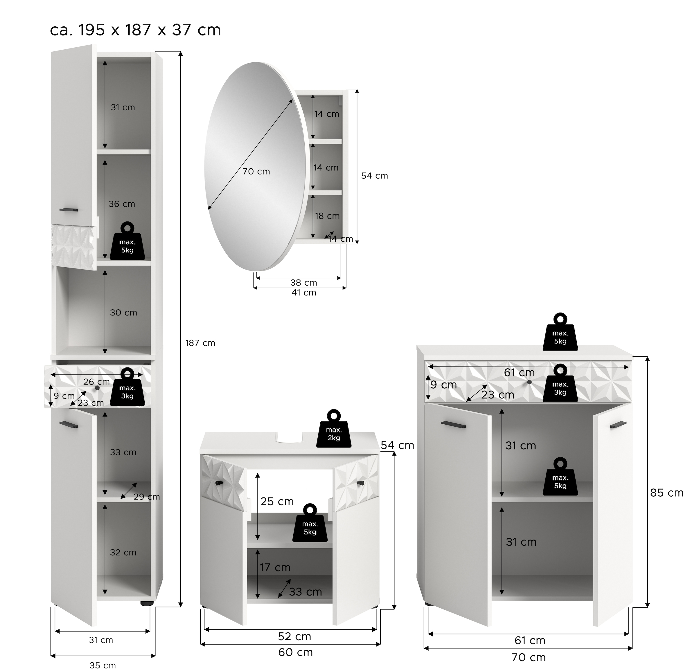 INOSIGN Ensemble de salle de bains »VICENZA, TOPSELLER!, Breite 195cm, 4-teilig, mit Ornamentabsetzung« Hochschrank, Waschbeckenunterschrank, Spiegelschrank & Unterschrank, 