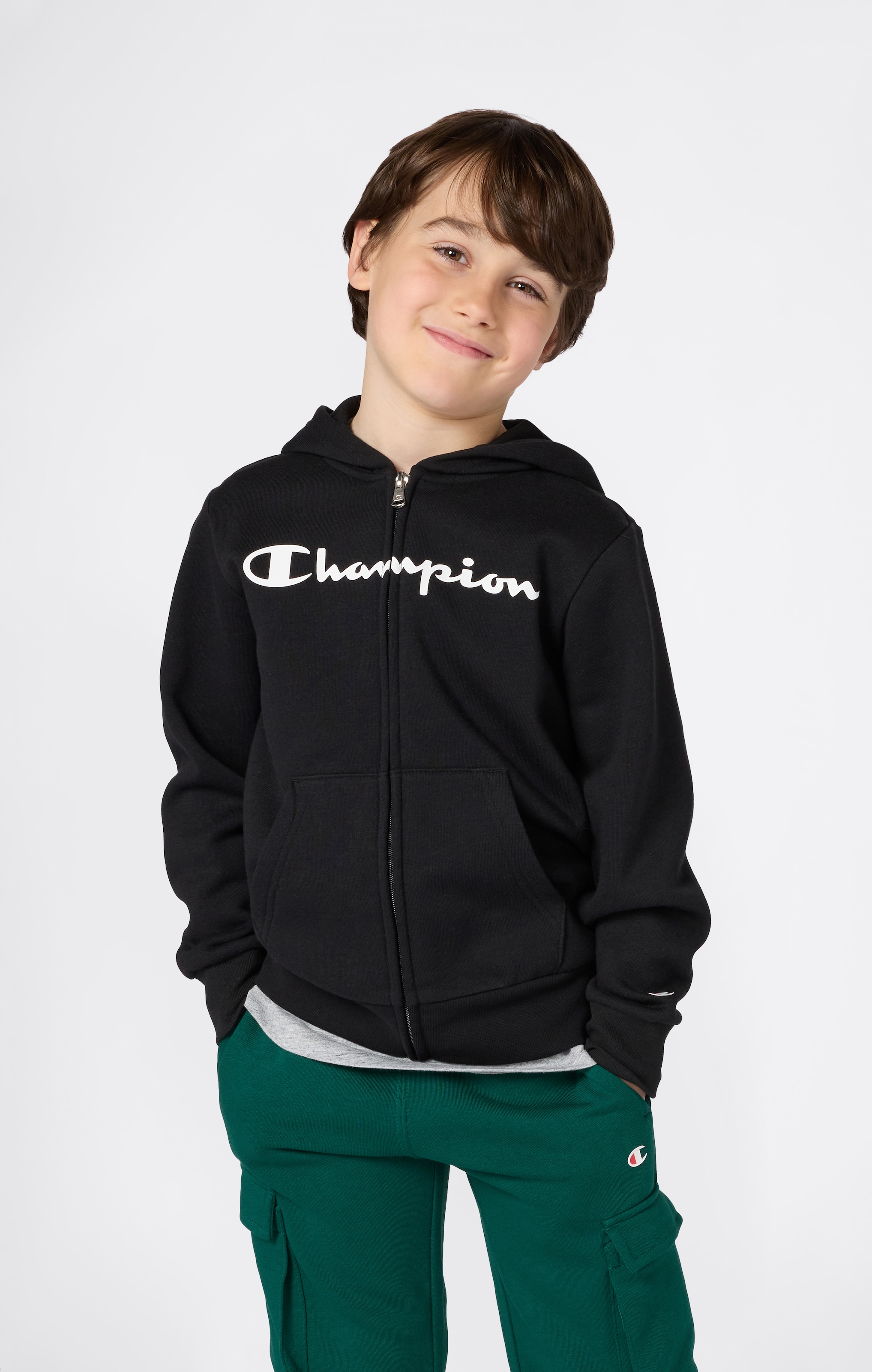 Image of Champion Kapuzensweatjacke "BASICS Fleece Full Zip Sweatshirt" mit Kapuze und Kordelzug, aus Baumwolle und Polyester, für Kinder