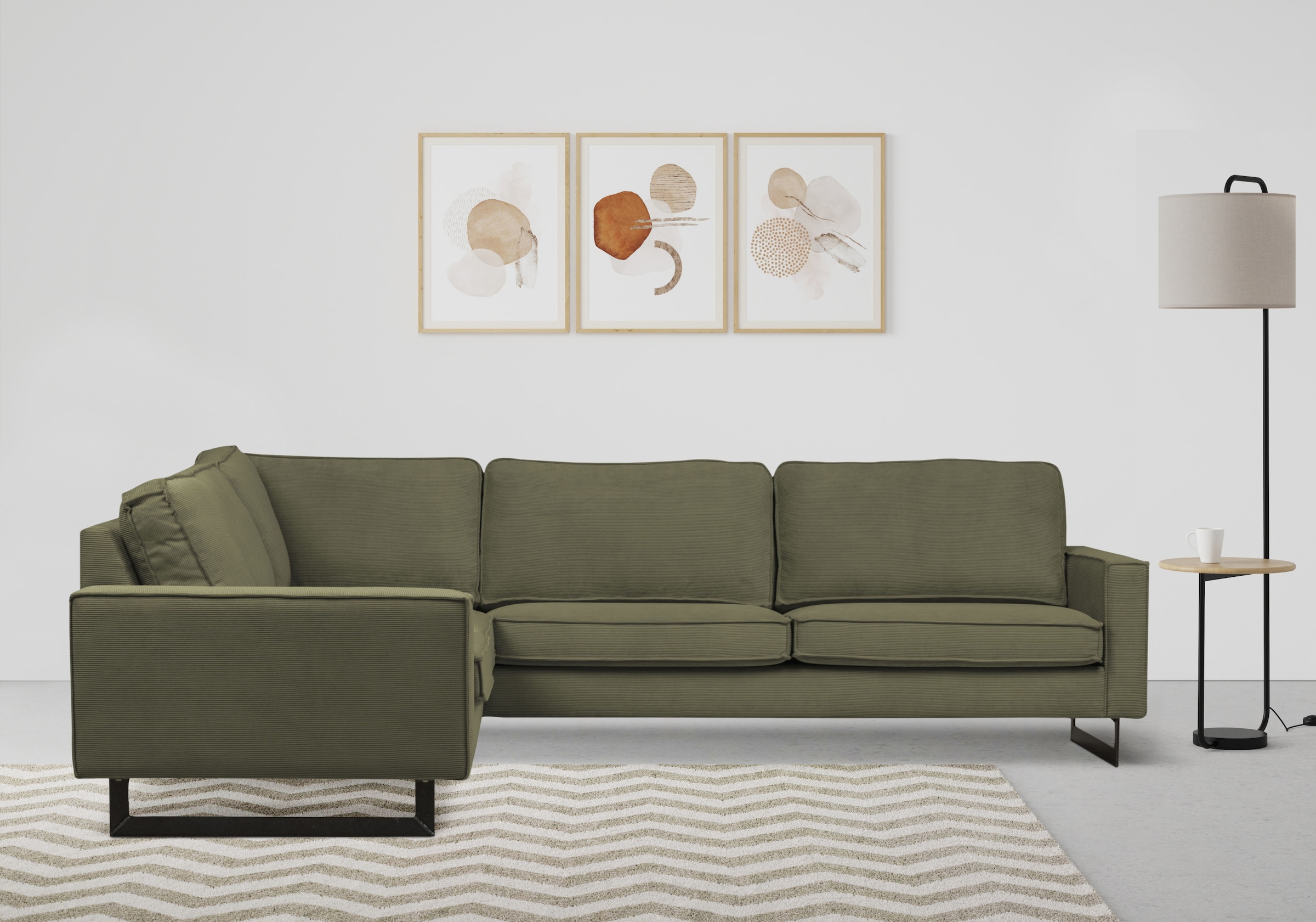 Places of Style Ecksofa »Pinto, XXL, 250/290 cm, langer Schenkel, Ottomane«, Cord, Chenille, Lederoptik, mit Keder, Metallfüsse, Wellenunterfederung