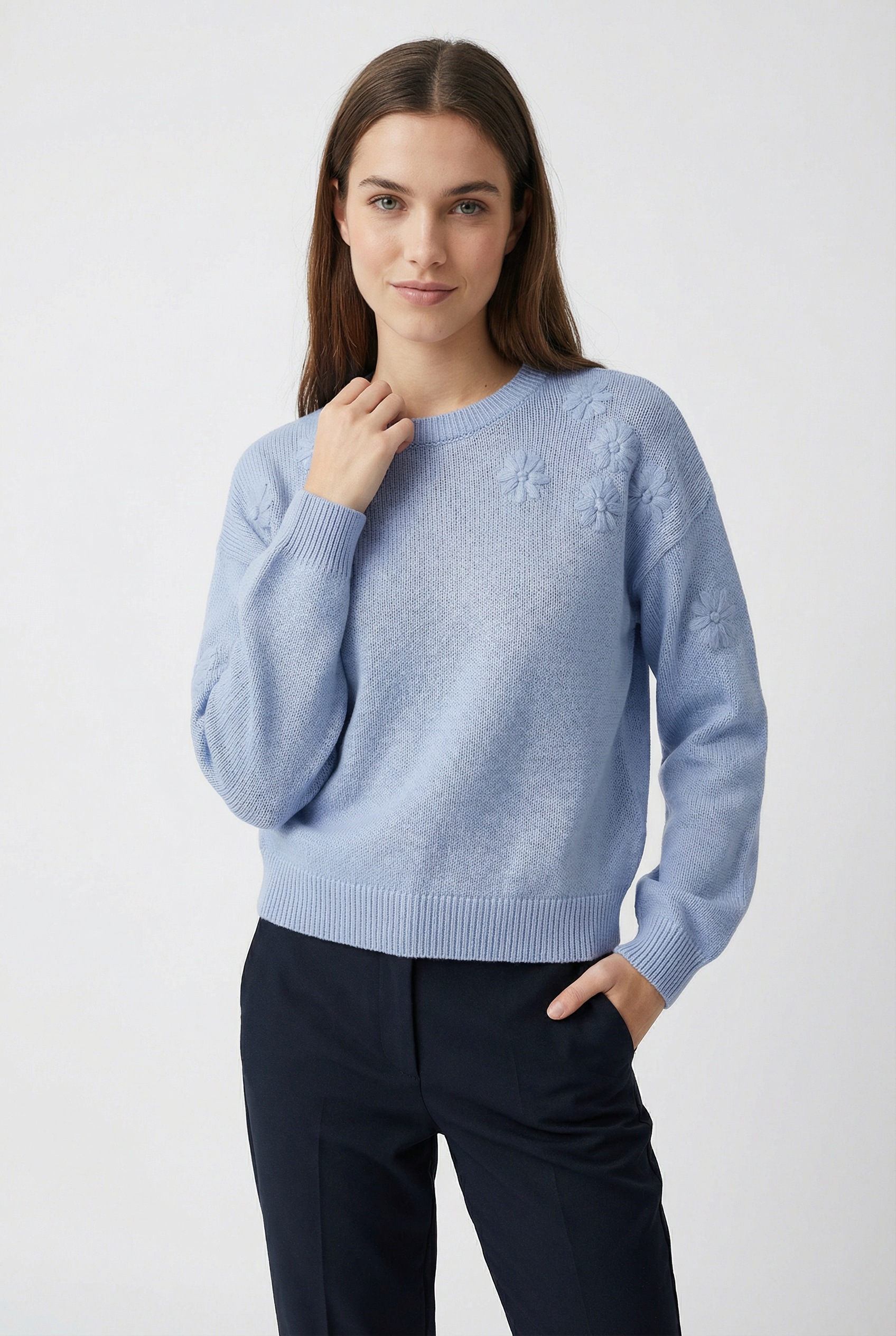 Image of Vero Moda Strickpullover "VMDAISY EMB LS O-NECK PULLOVER BOO" mit zartem Blumenmuster