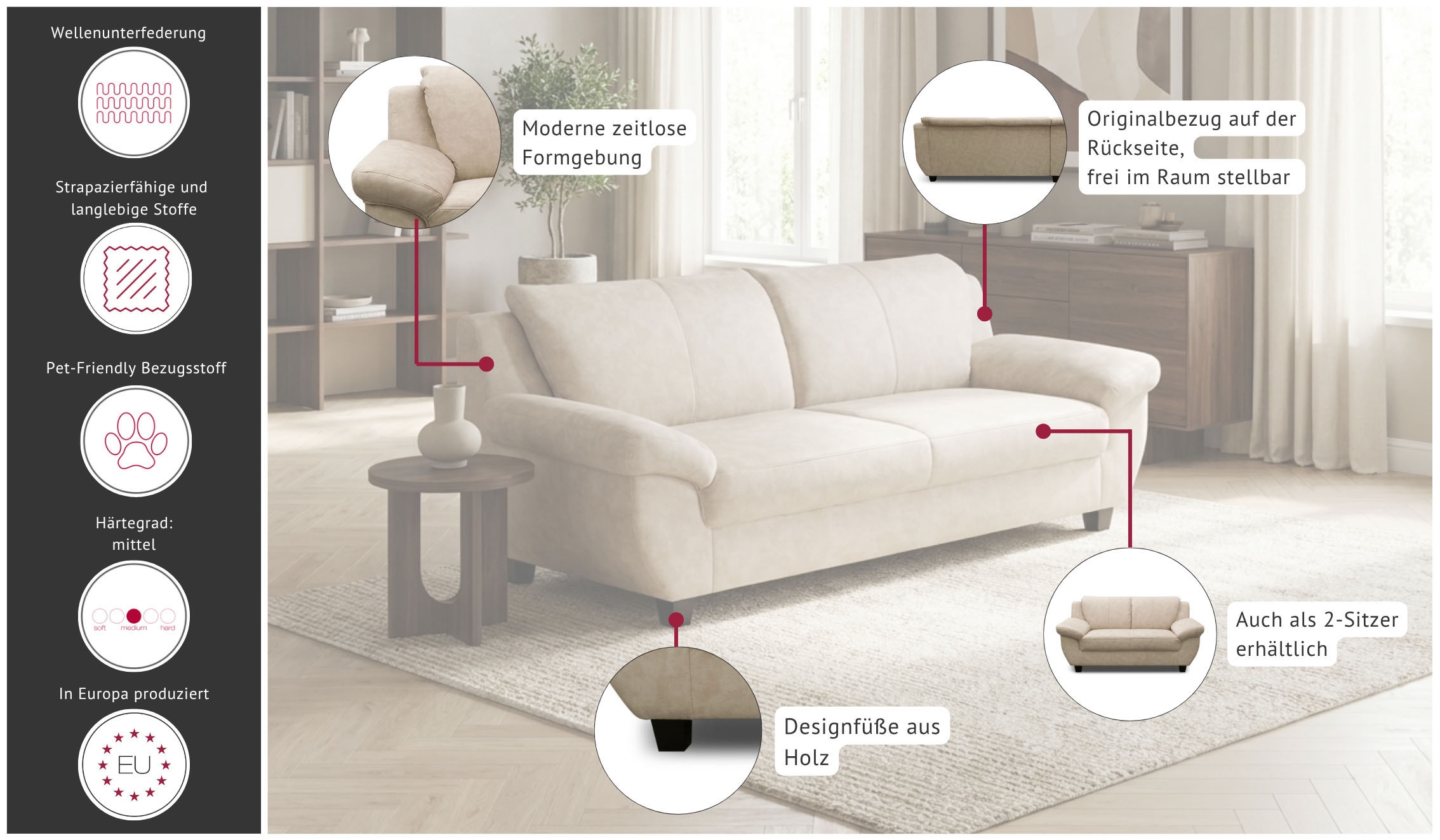 GOODproduct 3-places »Sillkeborg 207 cm, formschönes Sofa mit dunklen Füssen« revêtement Pet Friendly adapté aux animaux