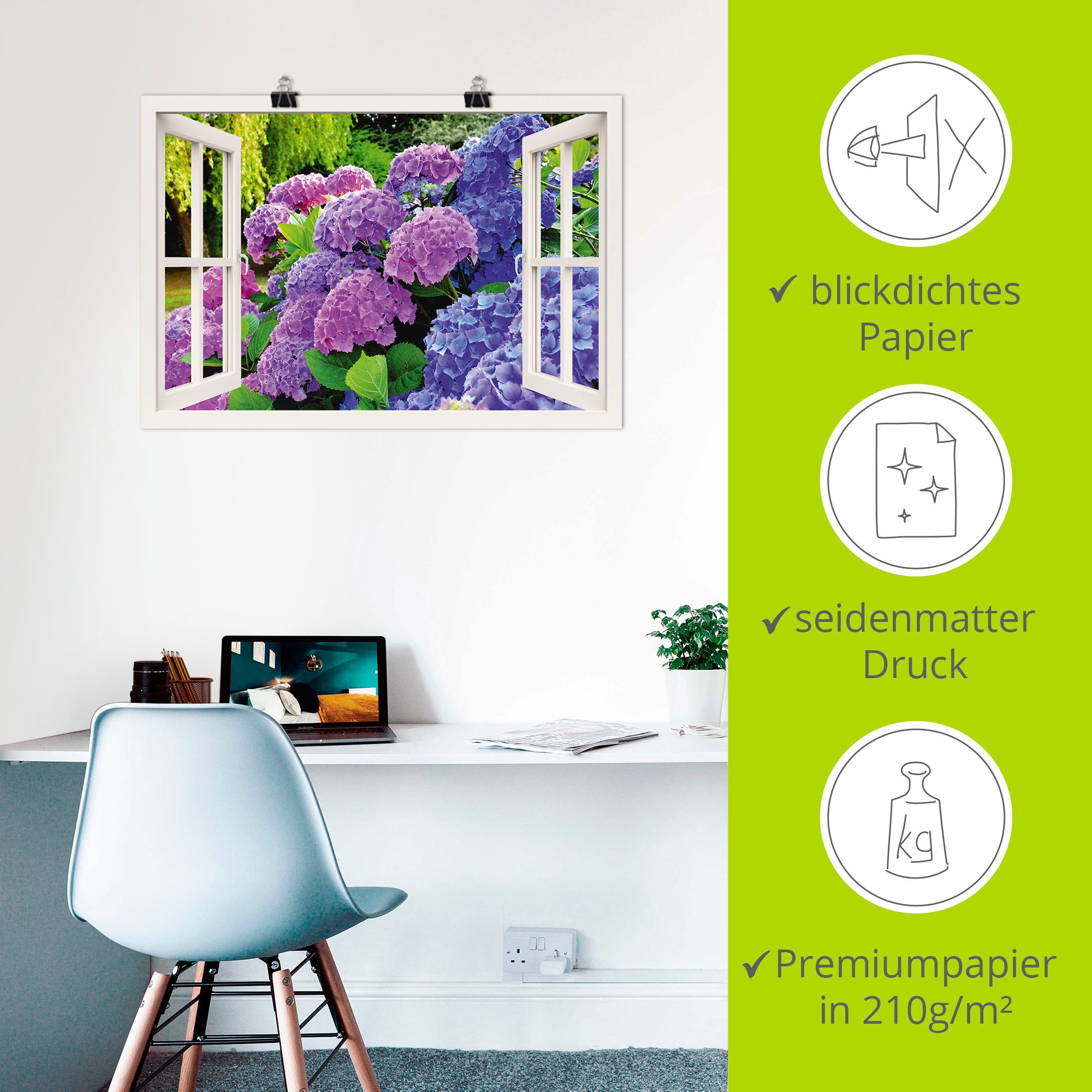 Artland Wandbild »Fensterblick Hortensien im Garten«, Blumen, (1 St.), als Leinwandbild, Poster in verschied. Grössen