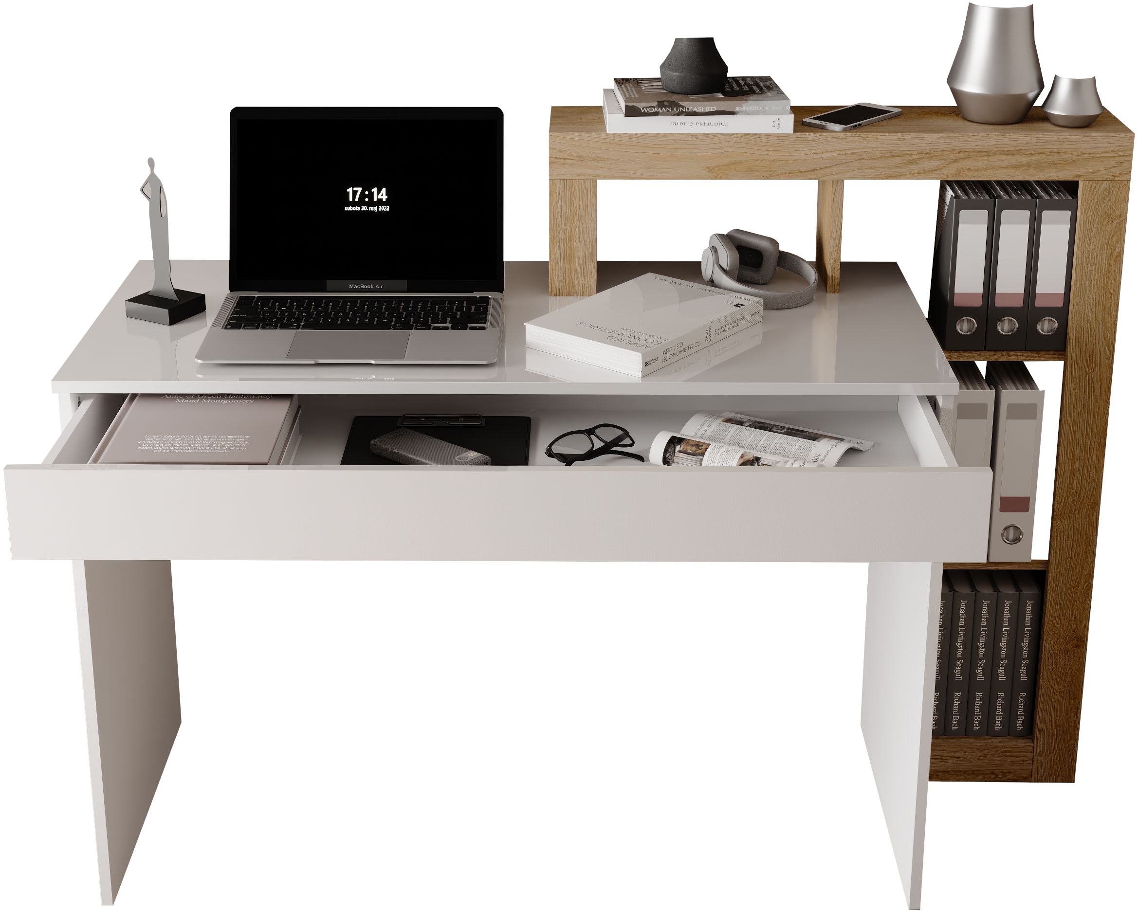 INOSIGN Schreibtisch »Hamburg, Breite 138 cm, Tiefe 50 cm, mit Schubkasten u. Aufsatz/Regal« Computertisch, Arbeitstisch, Schminktisch, Arbeitsplatz, 4 Fächer