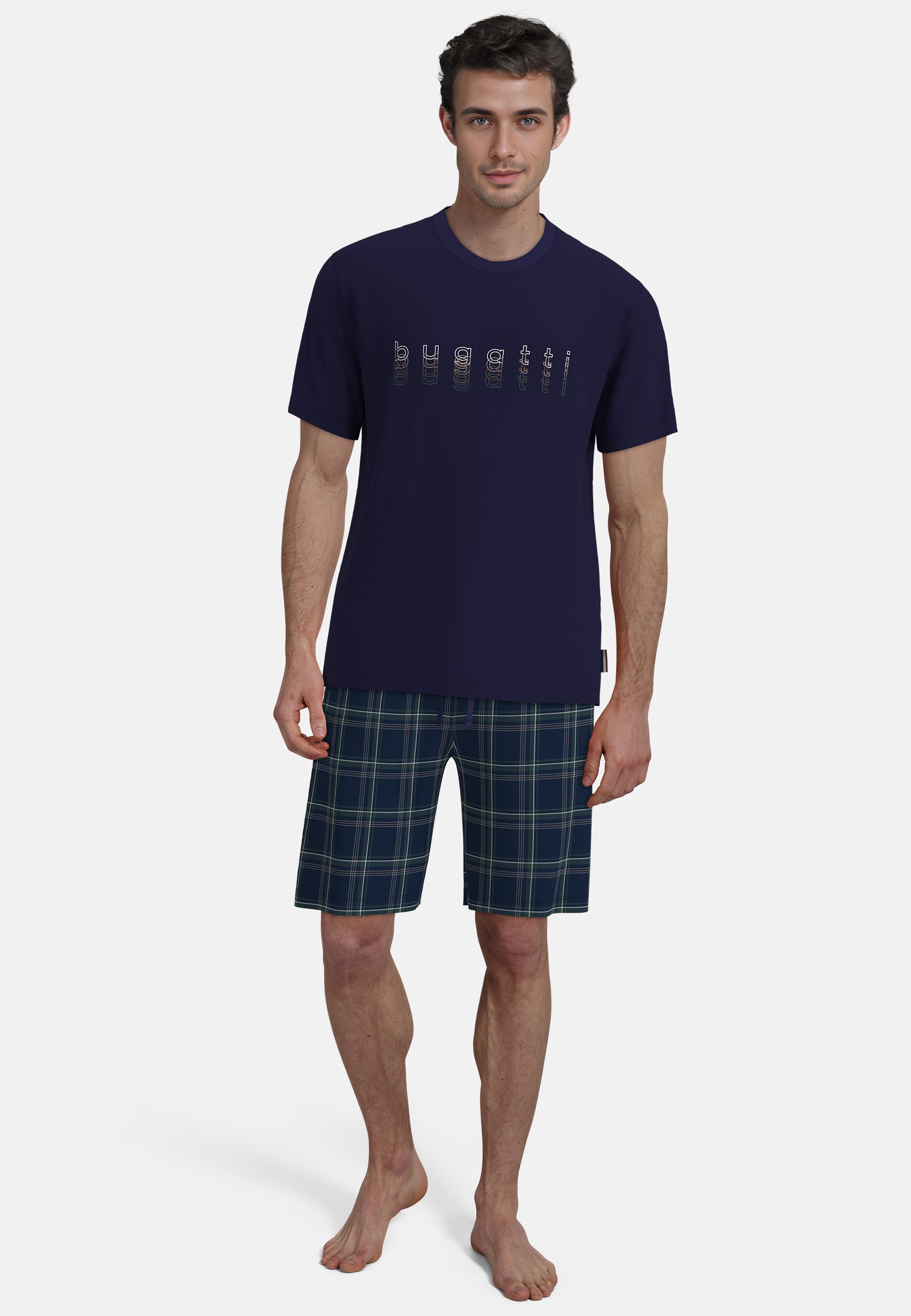 Image of bugatti Shorty Kurzarm, Rundhalsausschnitt, kurze Hose, kariert, mit Logo, Baumwolle