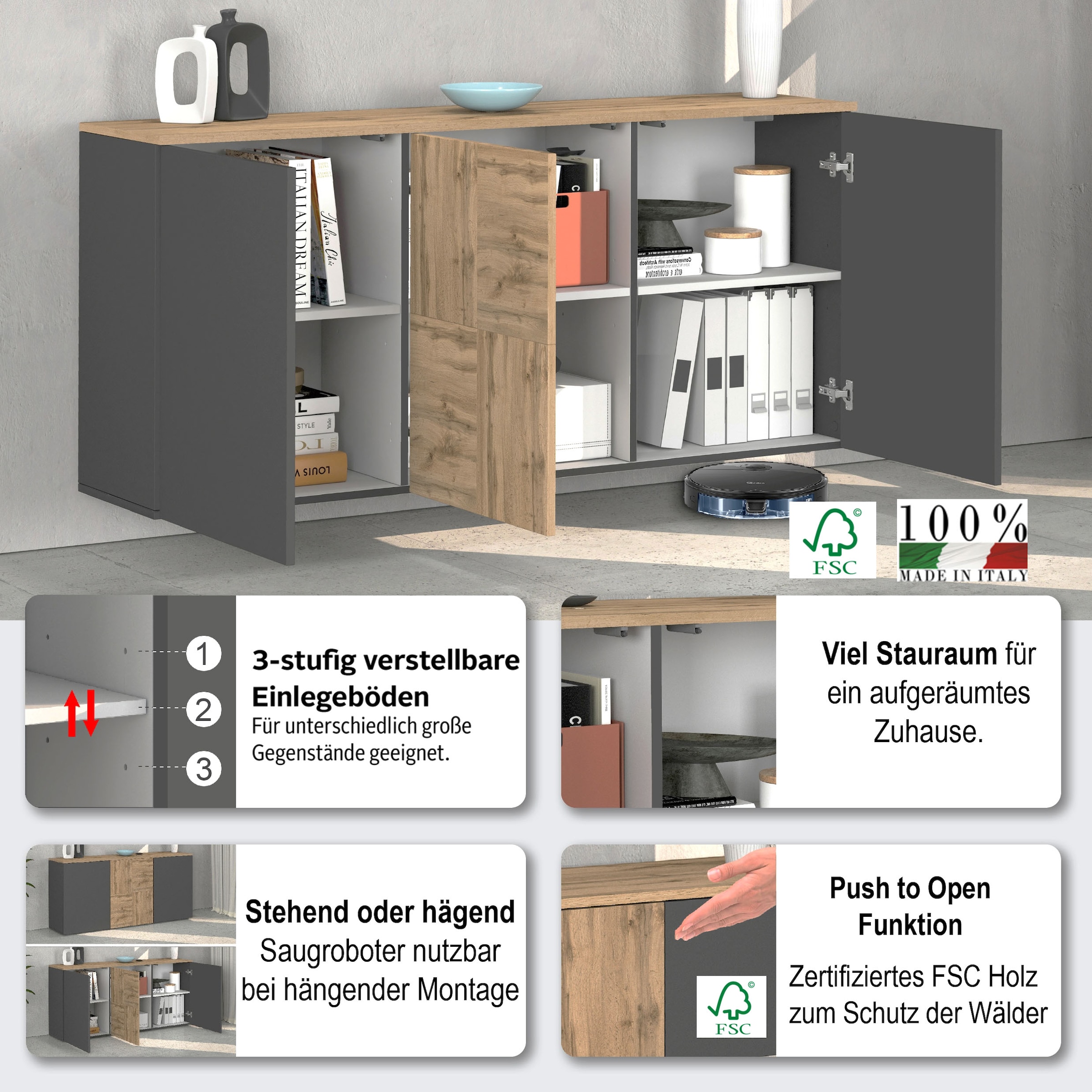 GOODproduct Sideboard »ISEO, Kommode, Schrank, Sideboard, Lowboard, 6 Fächer, Breite 150 cm« 1 Stk. tlg. stehend/hängend, 3 Türen, 6 Fächer, Breite 150 cm