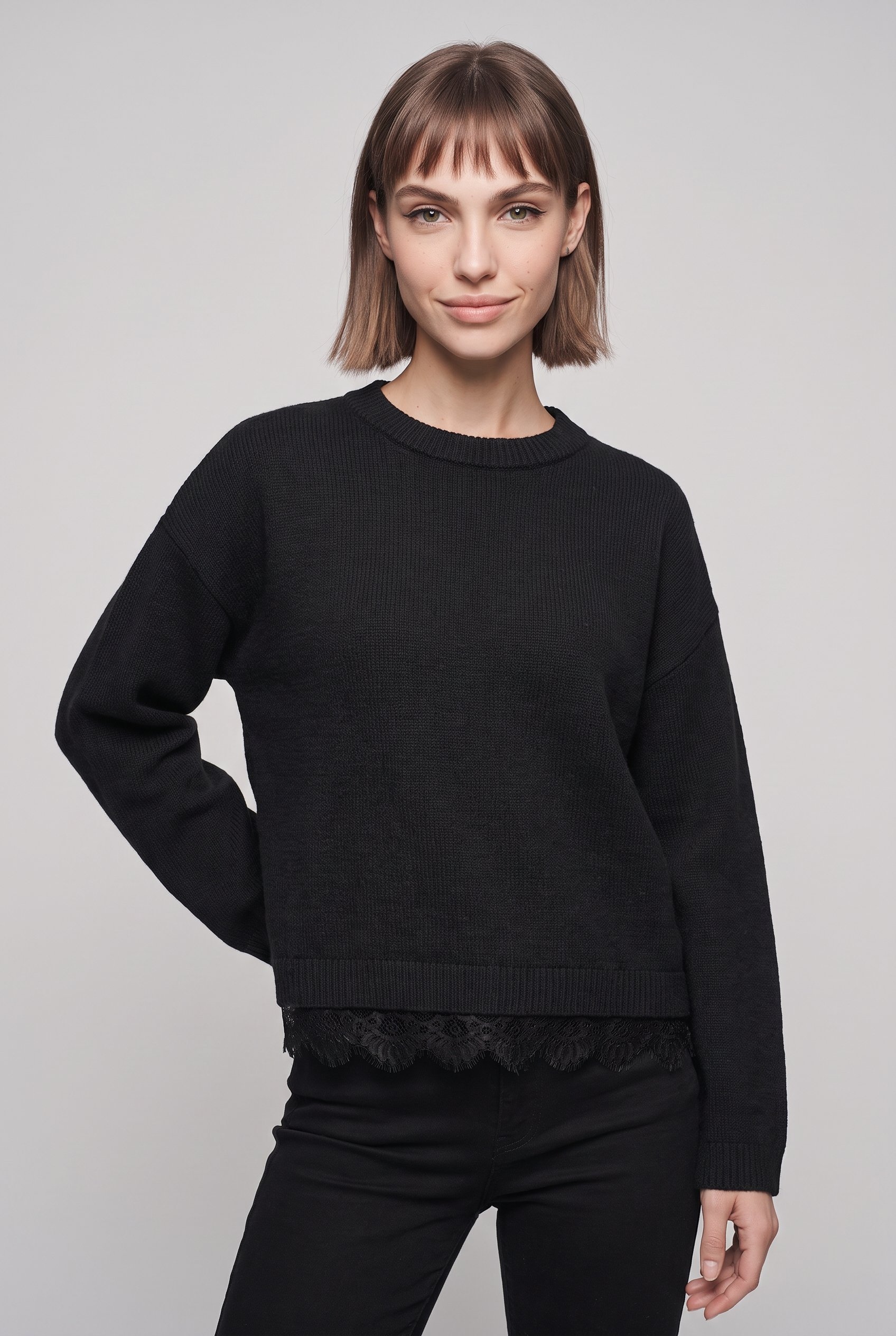 ONLY Pull en tricot »ONLALIVIA LS LACE O-NECK CS KNT« mélange de matériaux, coupe régulière