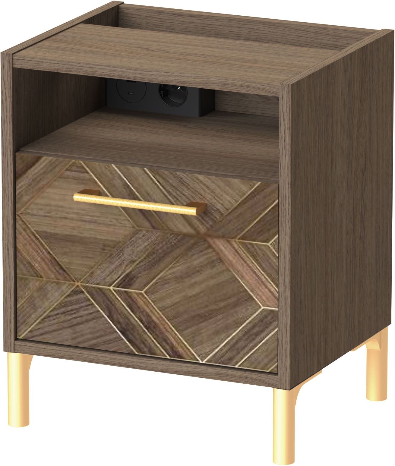 Image of Schildmeyer Nachtschrank "Glenn, mit smarter Ladestation & Steckdose, Made in Germany" 1 Stk. tlg. Nussbaum Art-Déco Design mit eleganten Goldakzenten, Made in Germany