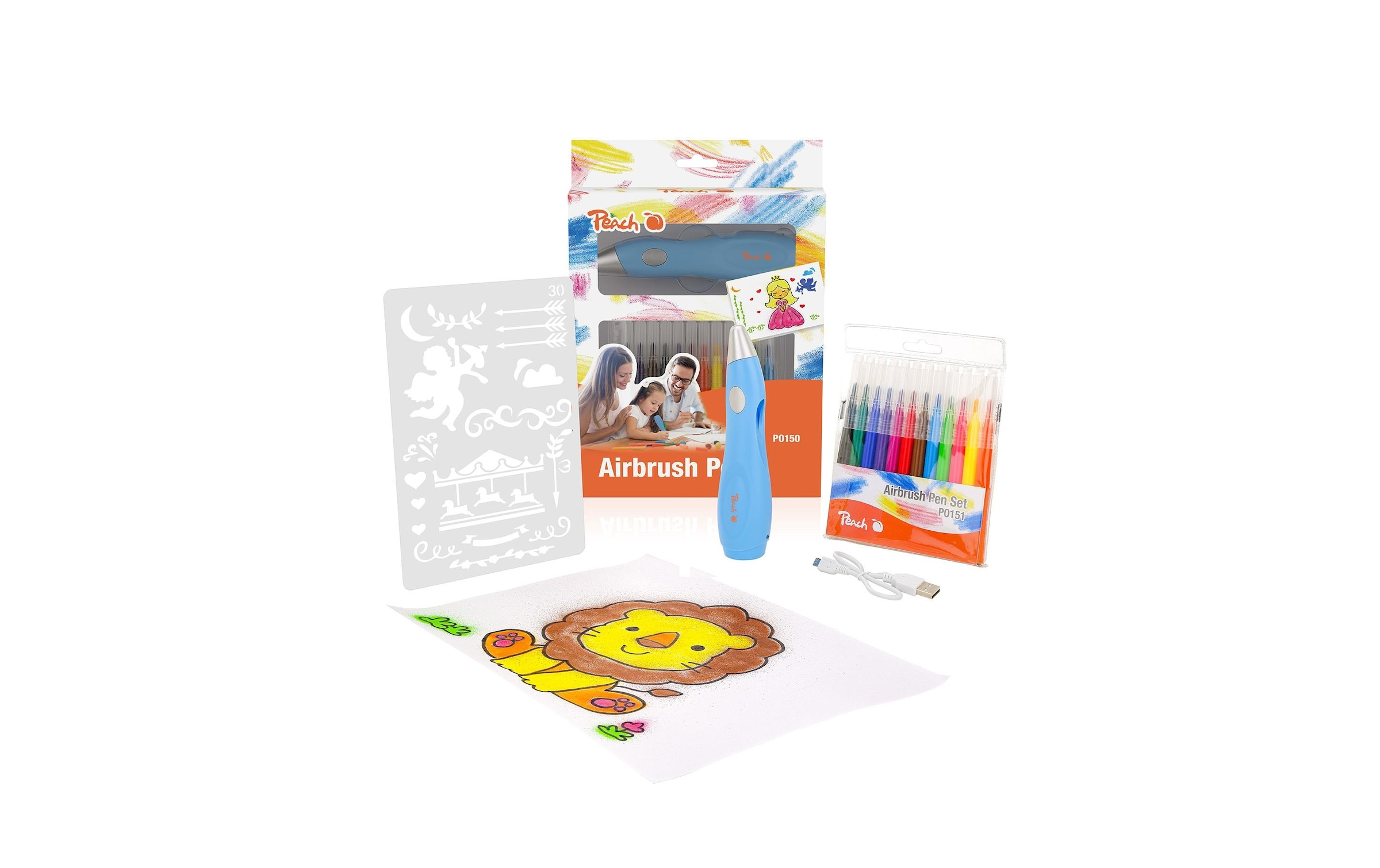 Peach Marker »4-teilig« Set Inhalt: 12 Stifte, Airbrush, Schablone und Ladekabel