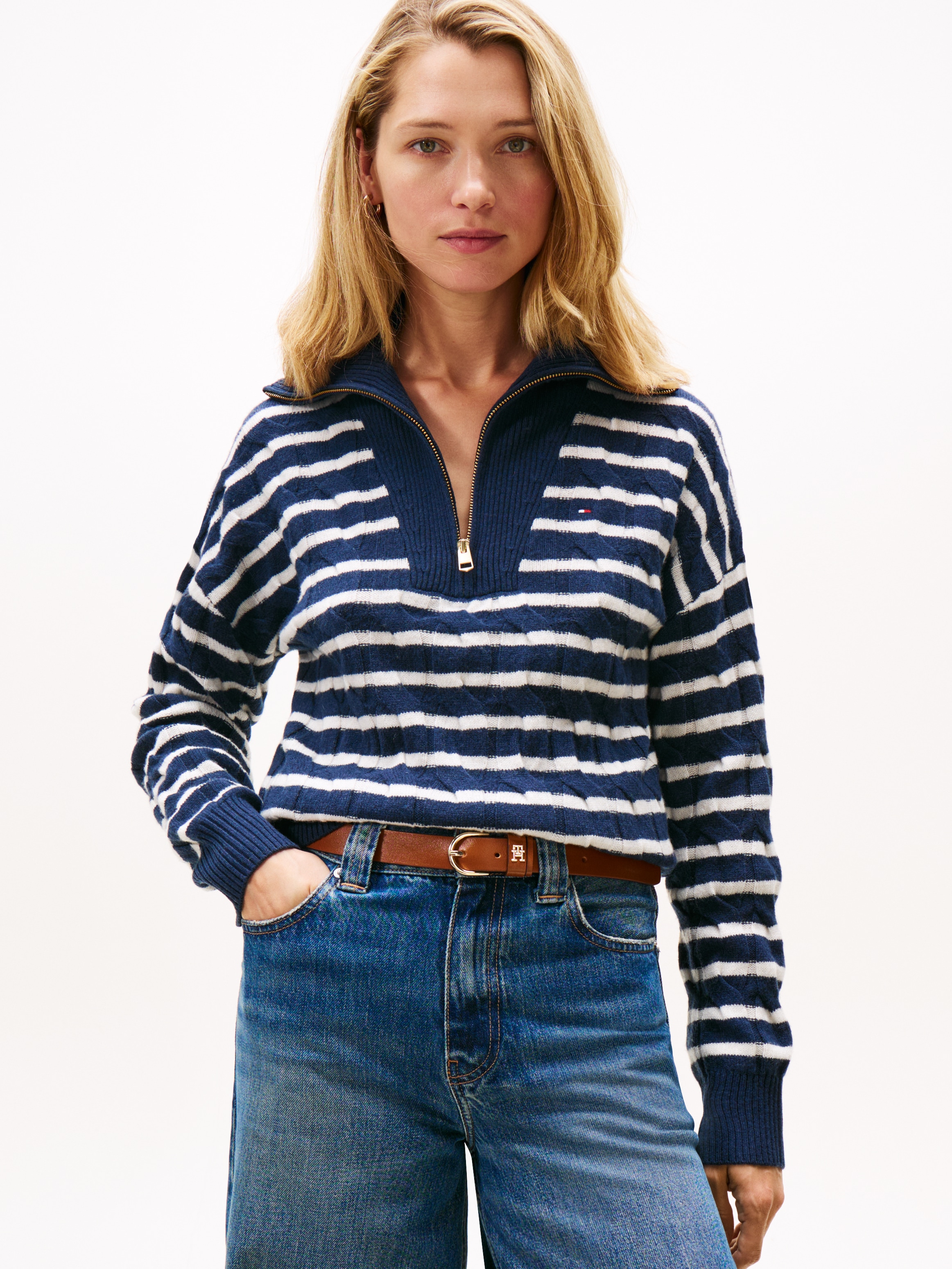 Image of Tommy Hilfiger Troyer "SOFT WOOL CABLE 1/2 ZIP LS SWT" Wolle, mit Zopfmuster