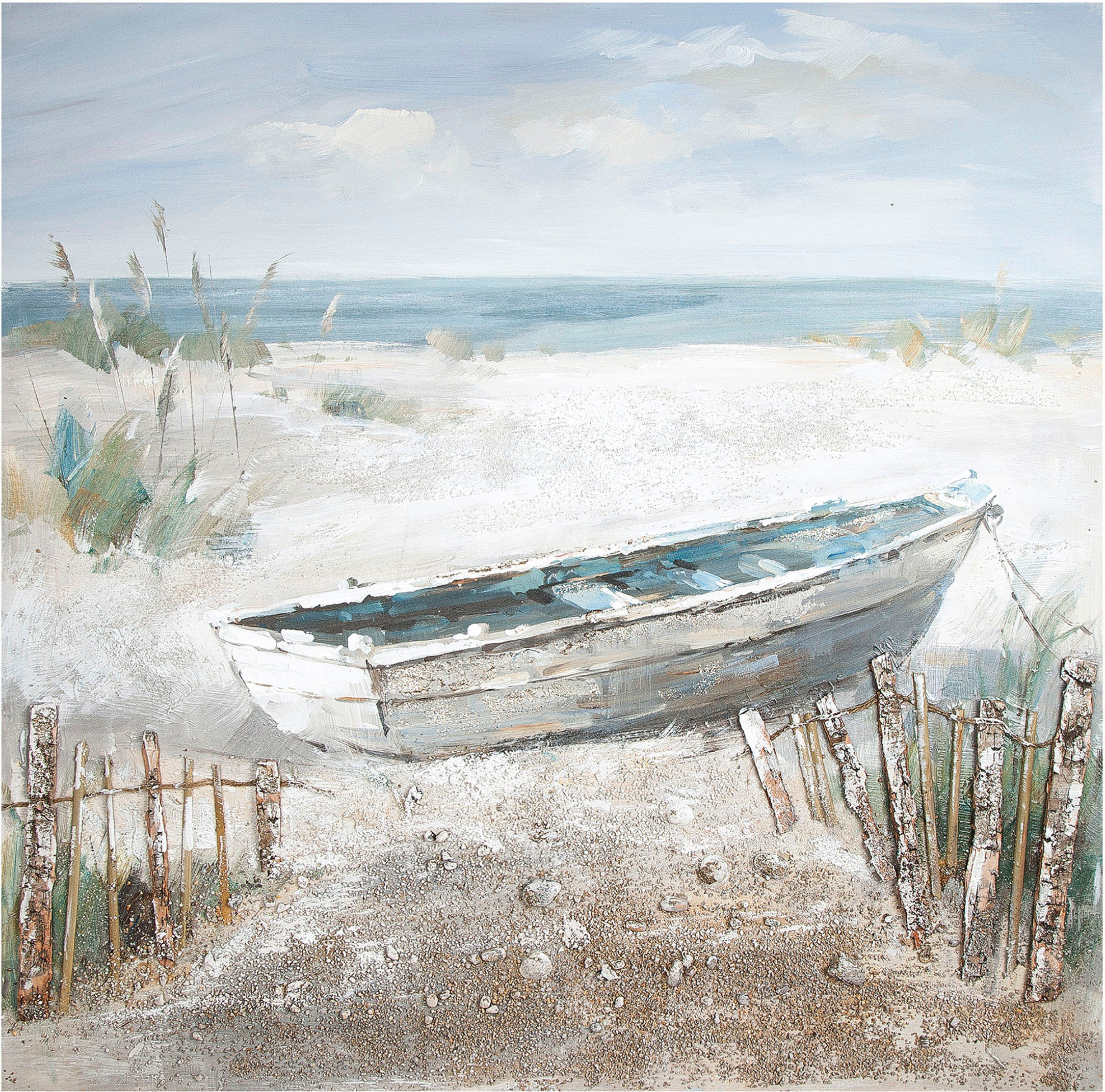 Image of GILDE Leinwandbild »Gemälde Boot am Strand«, (1 St.), handgemalt, 100x100 cm, Motiv Strandlandschaft, maritim, dekorativ im Wohnzimmer & Schlafzimmer bei Ackermann Versand Schweiz