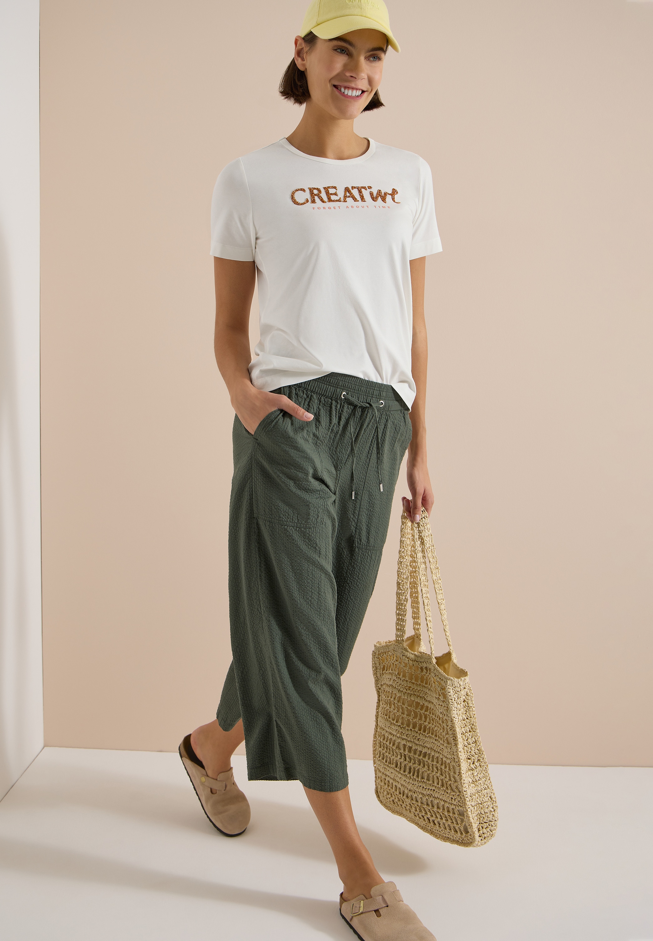 Cecil Print-Shirt Sommershirt mit Rundhals und Glitzer-Wording